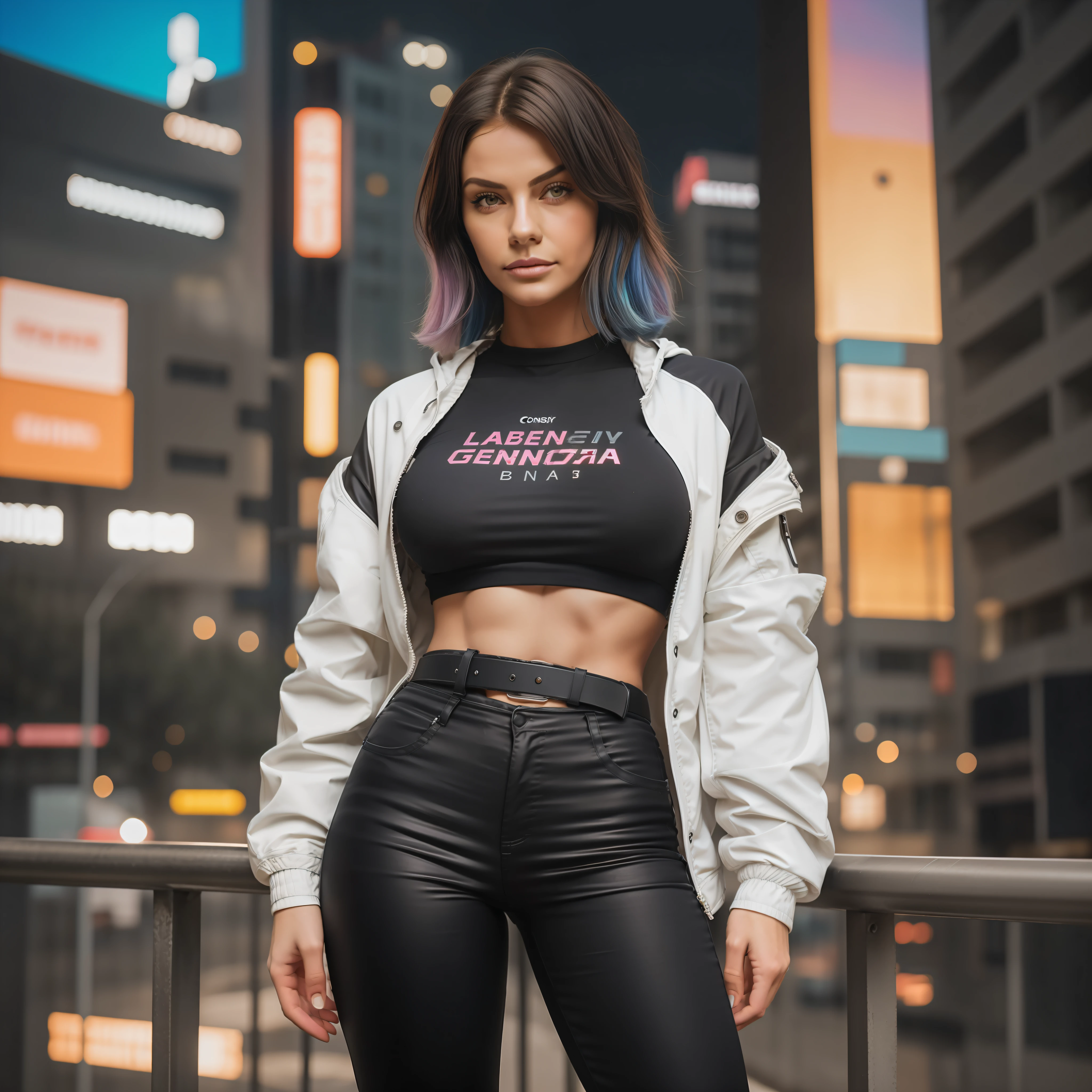 master part, (fotorrealista:1.4), best quality, beautiful lighting, (ULZZANG-6500:0.5), Lucy \(Cyberpunk\), 1girl, cabelos brancos, contra gradeamento, arm rest, franja, bareshoulders, belt, black belt, malha preta, black pants, Blurry, Corte do Bob, seios, Building, Cityscape, recorte de roupas, (jaqueta cropped), Cyberpunk, profundidade de campo, lateralmente, gradient eyes, olhos cinzentos, cabelos grisalhos, white jacket, pegajoso, lips, Mangas compridas, olhando para longe, Olhando para o futuro, (mechanical parts), medium breasts, olhos multicoloridos, cabelos multicoloridos, noite, night sky, fora do ombro, roupas abertas, jaqueta aberta, ao ar livre, Pants, separated-lips, railing, delineador vermelho, science fiction, cabelos curtos com mechas longas, short shorts, shorts, Fechaduras laterais, heaven, sozinho, Standing, dente, recorte da coxa, apenas dentes superiores, white jacket, white shorts, Cyberpunk \(Series\), Cyberpunk Edgerunners, Foto RAW, 8k UHD, filmic grain, Cosplay, peruca branca, noite, neon lights,,,,