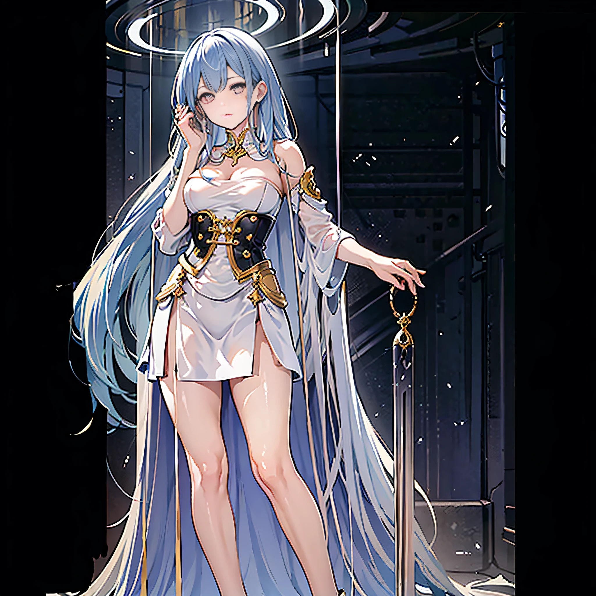 [[full bodyesbian]], Blue-white hair, Short braid on the side, Blue pupils and golden pupils, Heterochromatic pupil, A girl with a lively personality, solo person, The maiden travels through the universe, The background is the Star Universe, The girl floated in the air, You can see from head to toe, The costume of ancient Greek divinity, Ancient Greek divine little skirt, naked leg, Beth, Costumes are trimmed with gold trim, The one-sided shawl on the body is a futuristic science fiction concept, hair between eyes, hime cut, anime, character chart, anime style, god rays, Wide-Angle, tachi-e, move chart, pov, masterpiece, ccurate, anatomically correct