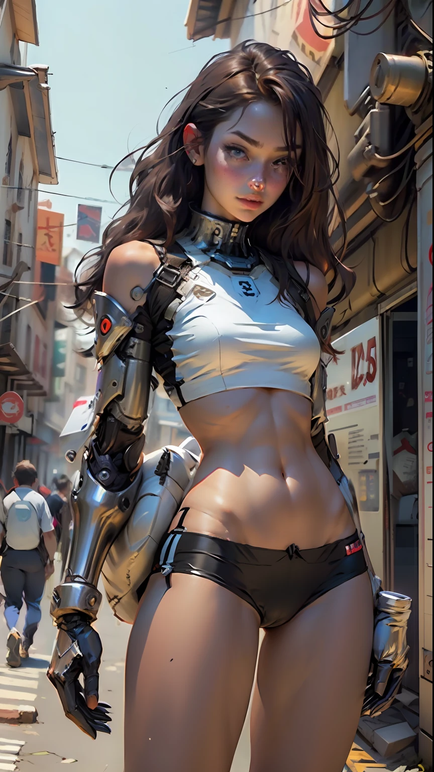 Woman body defined thick thighs cybernetic body parts, short underwear