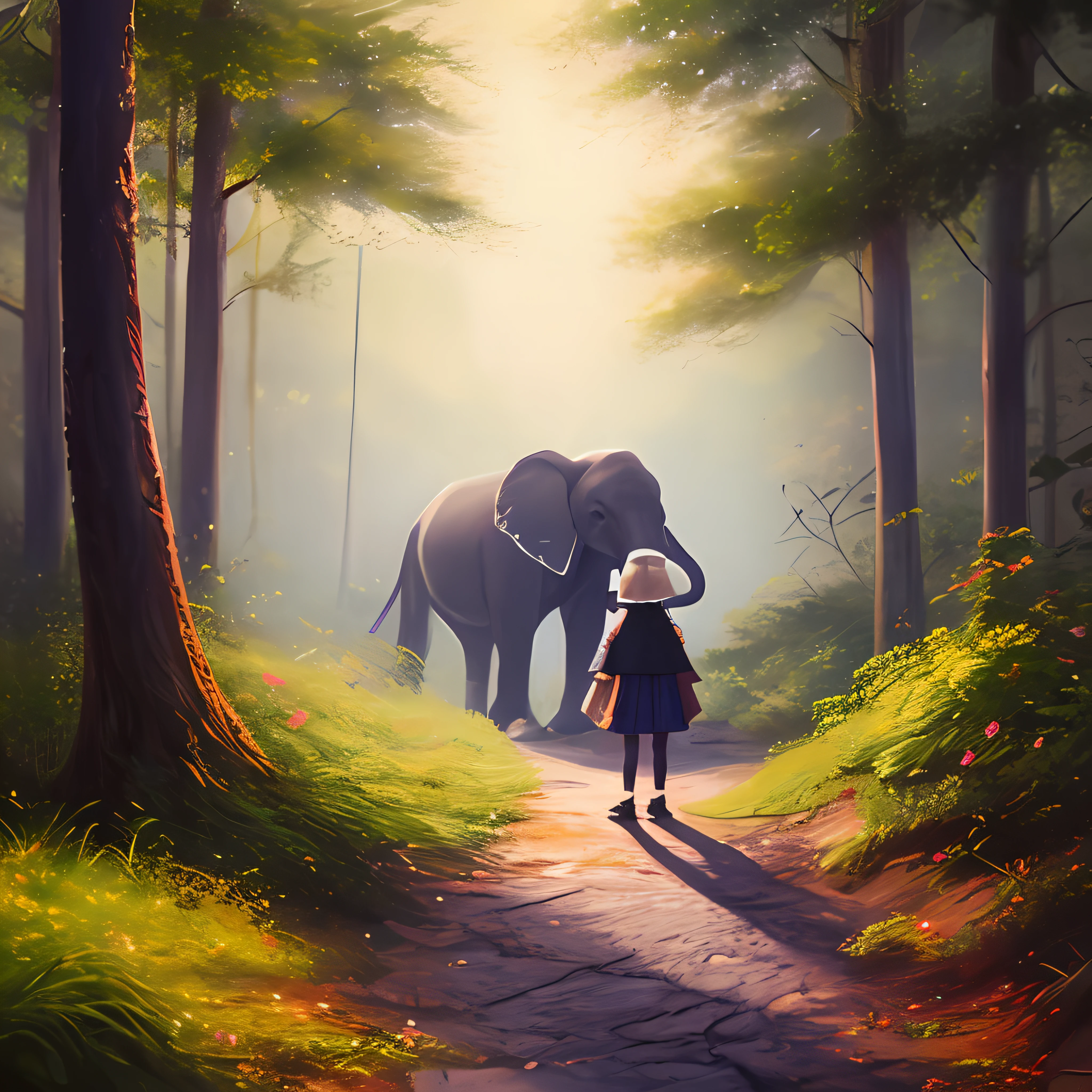 There is a a small kid standing in front of a giant elephant. masterpiece, best quality, high quality,extremely detailed CG unity 8k wallpaper, An enchanting and dreamy scene of a fantasy forest, with towering trees, glowing mushrooms, and hidden fairy glens, creating a sense of mystique and enchantment, artstation, digital illustration, intricate, trending, pastel colors, oil paiting, award winning photography, Bokeh, Depth of Field, HDR, bloom, Chromatic Aberration ,Photorealistic,extremely detailed, trending on artstation, trending on CGsociety, Intricate, High Detail, dramatic, art by midjourney