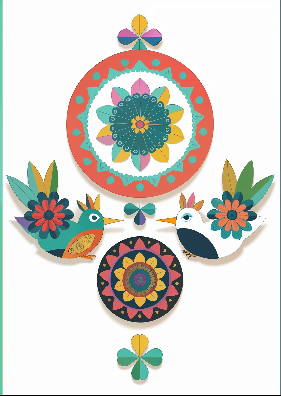a colorful illustration of a bird and flower design on a white background, hippie motifs, folkloric illustration, flower power motifs, traditional folk art style, mexican folk art, mandalas, mystical birds, inspired by Kagaku Murakami, colorful birds, alebrijes aesthetic, adobe illustrator art, multicolored vector art, colorfull illustration