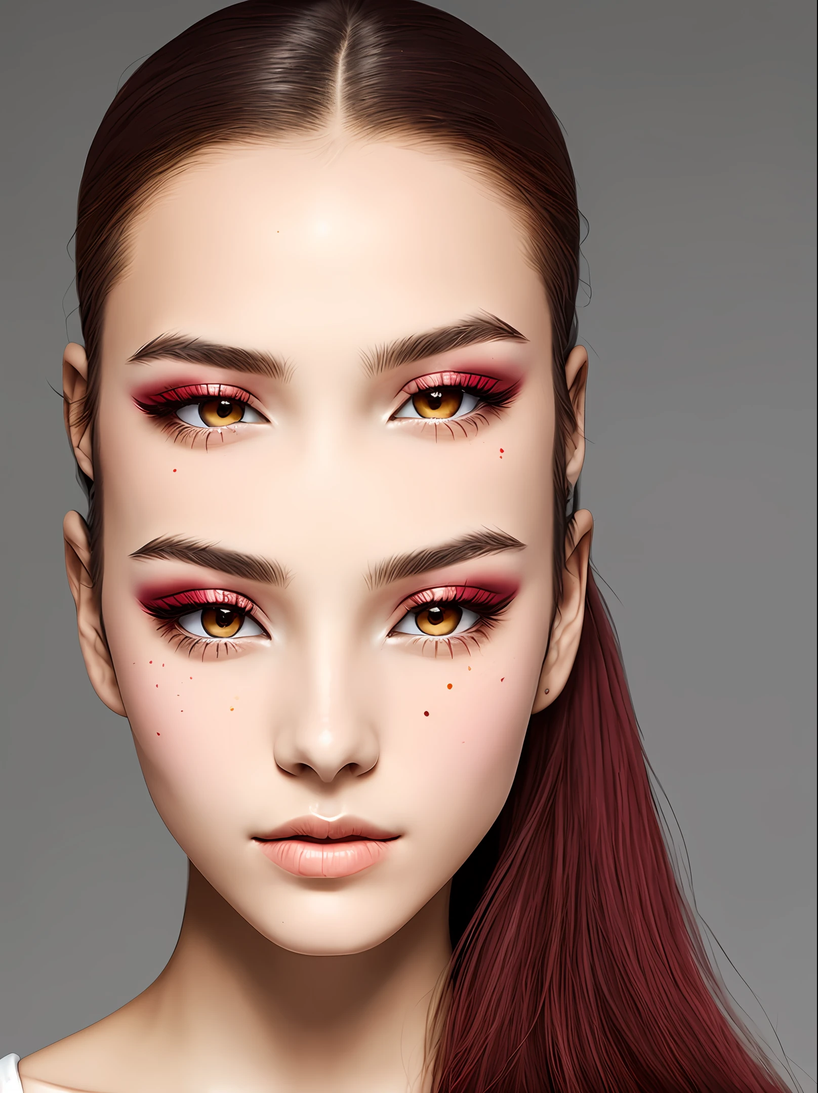 White high ponytail，Burgundy pupils，Red Eyeshadow，Royal sister，The figure is good，There is a tear mole at the end of the left eye and the tail of the eye，delicated，emulation