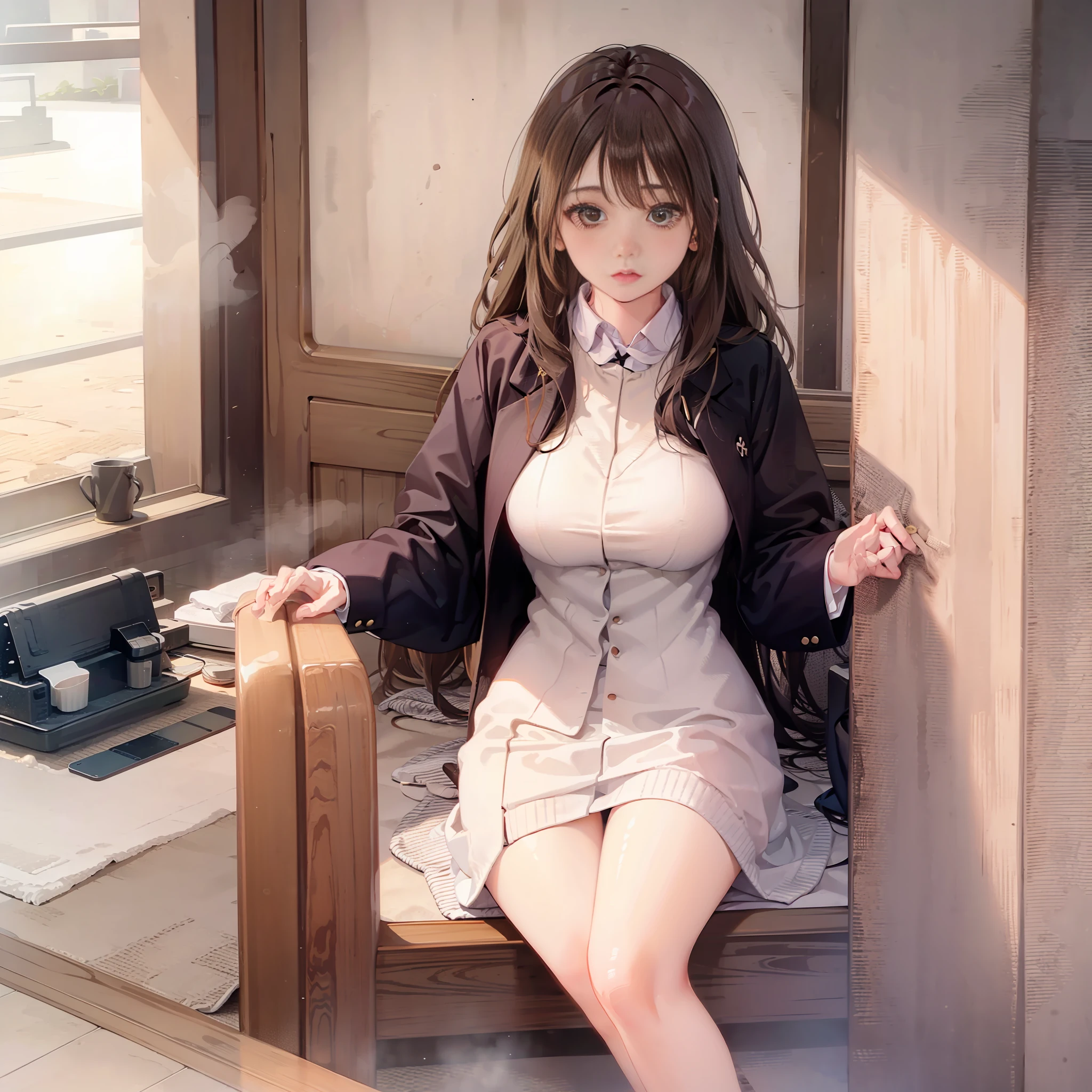 Sexy sister sitting cross-legged on carpet