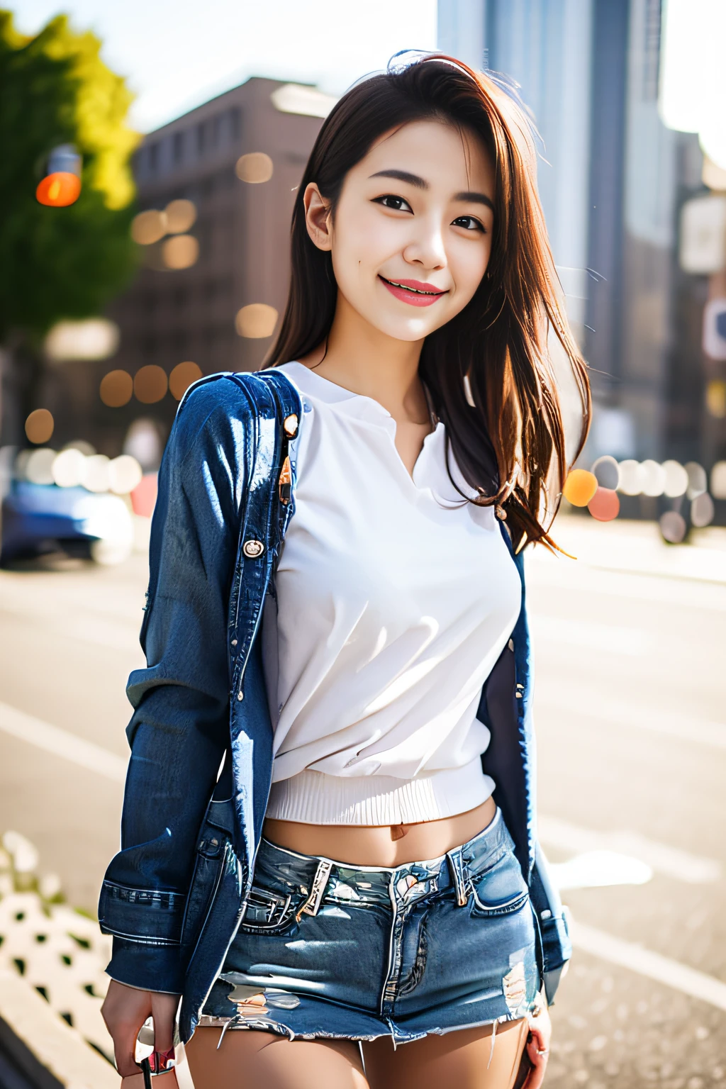 Smiled face、White shirt、Denim miniskirt、Riverside