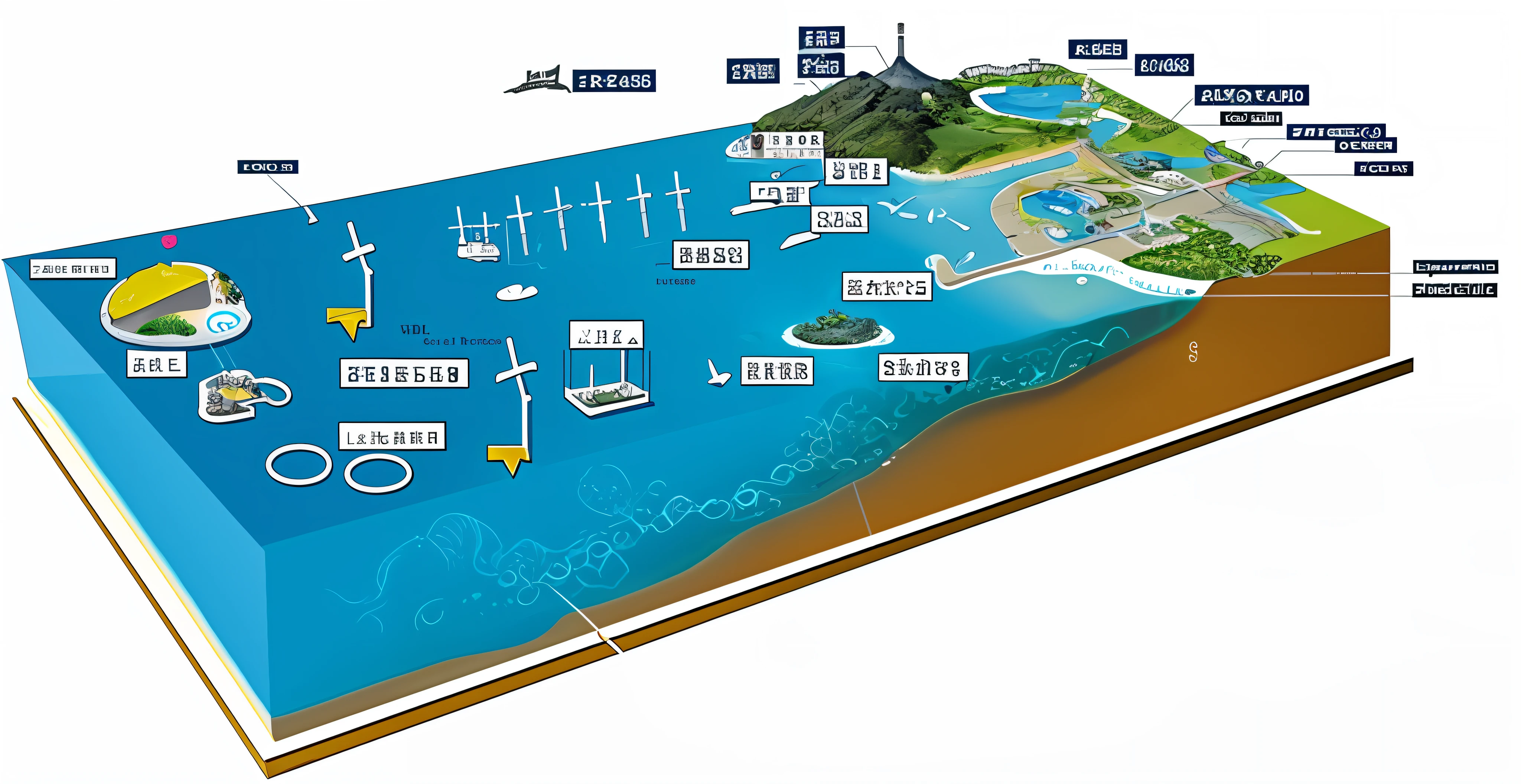 Schematic diagram of a large body of water with a large number of different types of water, ocean simulation, future-tech，environment，Bottom farming, water world, makes the sea area glowing water，Floating culture cages，Remove the text description