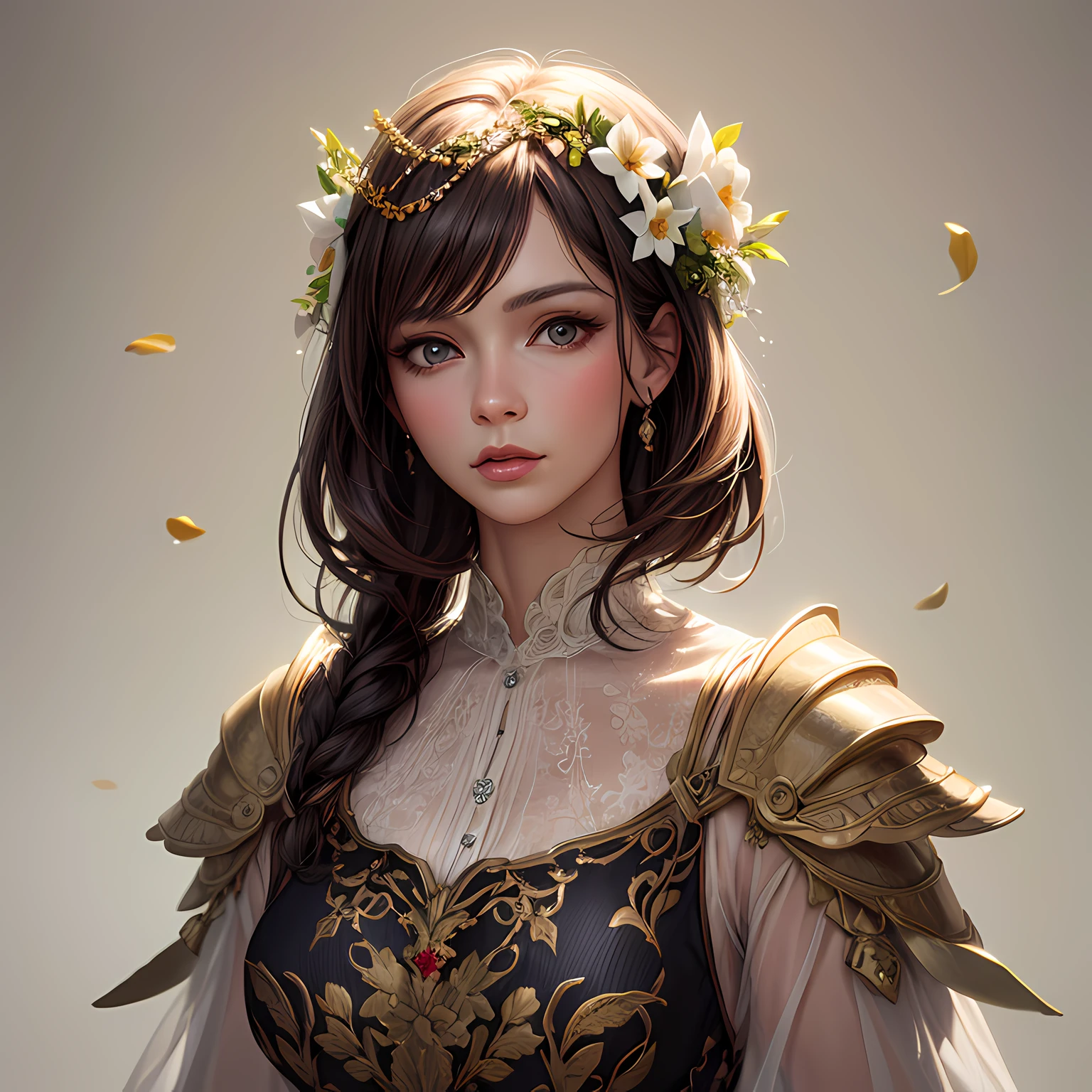 (masterpiece, best quality), photorealistic illustration, mature woman, flower dress, colorful, darl background,flower armor, white theme,