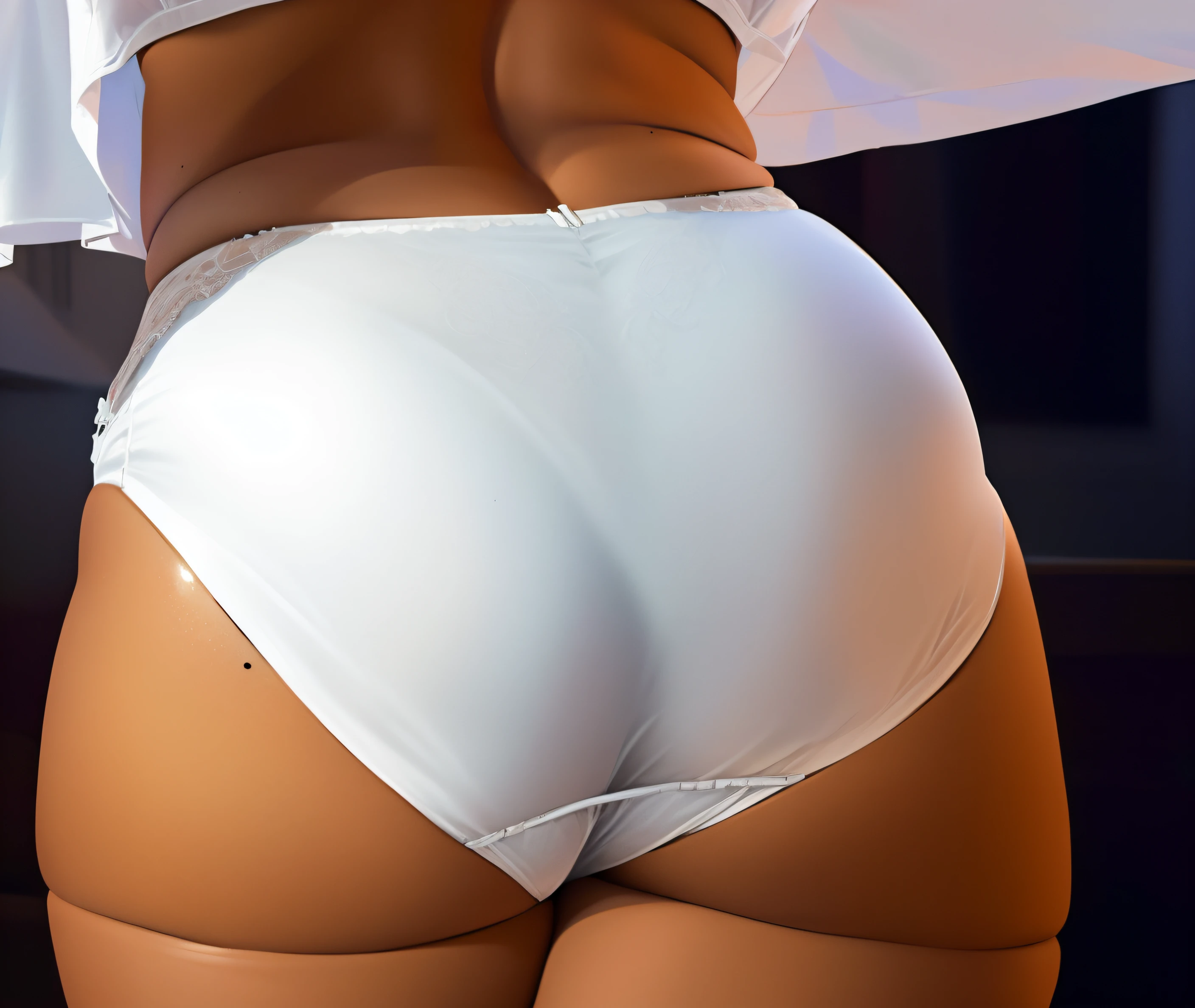 (masterpiece,best quality)), Curvy Latina, in white full coverage cotton panties, white bra visible, white shirt flowing, mole on back, photo realistic, intricate details