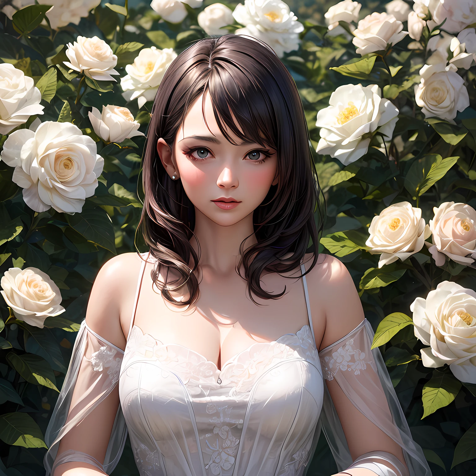 (masterpiece, best quality), photorealistic illustration, mature woman, flower dress, colorful, darl background,flower armor, white theme,