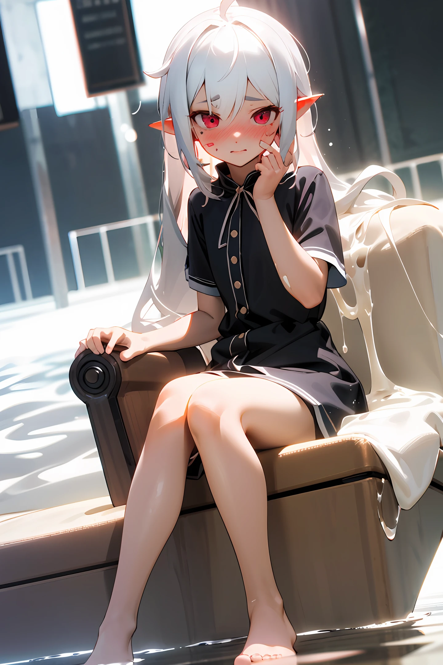 femele,Female imps,Sick,Lewdness,white color hair,3D,full bodyesbian,Barefoot,Point with your feet,sitting down,white liquid on your face,There is a blush on the face,gasps