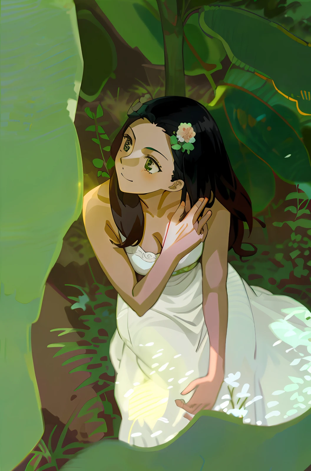 jpn, toyko,Anime,having fun,(tmasterpiece,best qualtiy),1 girl with long white hair sitting in a field of greenery and flowers,her hand under her chin,warmly lit,white dresses,Blurred foreground