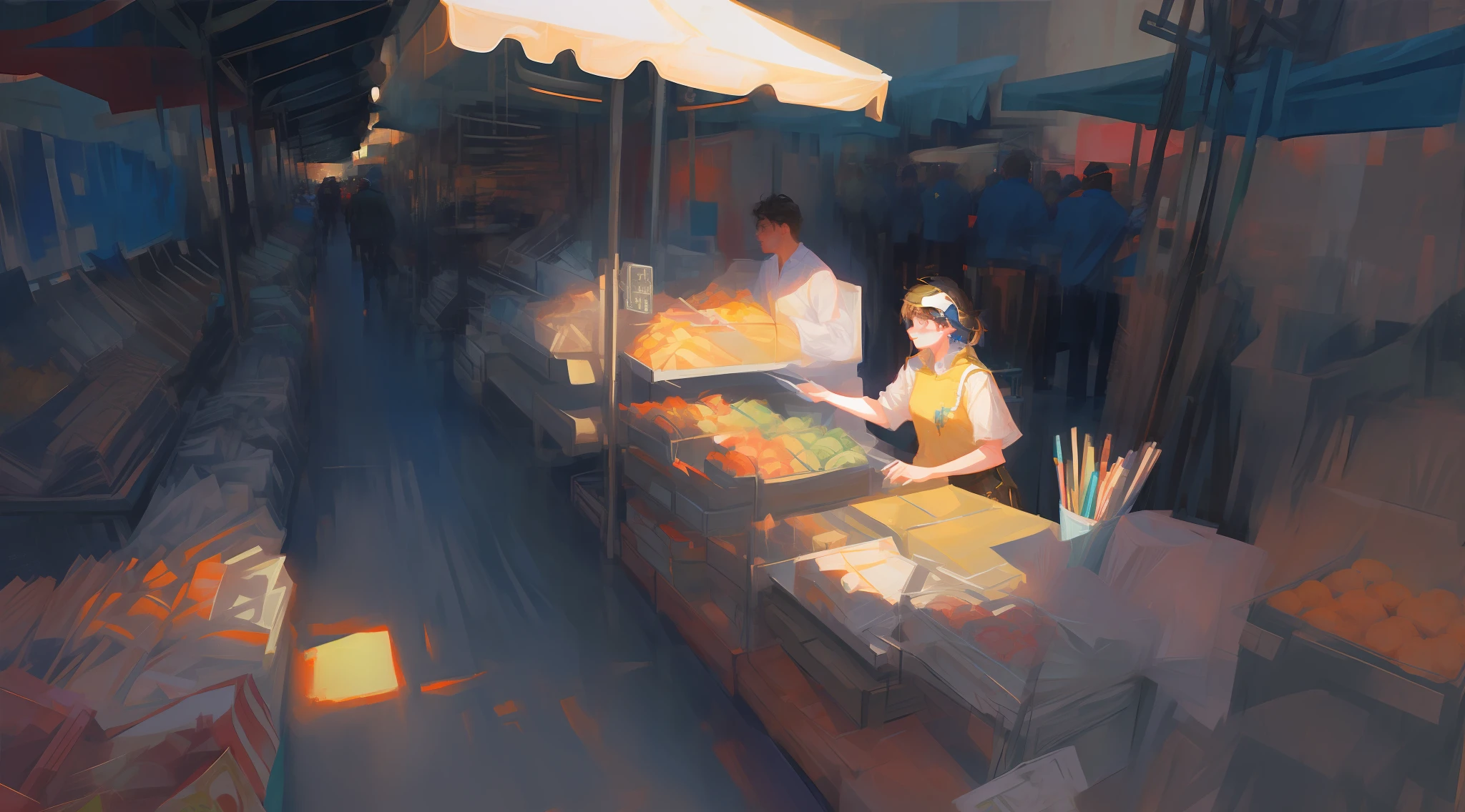 （Realistis：1.4）massacre（Marvel），cyber punk perssonage，8K，top down shot，wide wide shot，Close-up，（high-angle：1.4），Street vendors sell paintings of laptops and other items, craig mullins dappled lighting, makoto sinkai, inspired by Liam Wong, krenzcushart, by Ni Yuanlu, author：yanjun cheng, author：ruanjia, cyberpunk marketplace, author：Zhou Chen, author：Shitao, ross tran. scenery background, by Bayard Wu