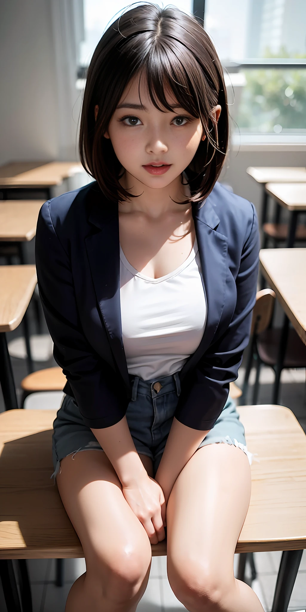 ((8K,RAW photos,top Quority,tmasterpiece),HD RAW color photo professional close-up Photograph,(realisticlying,realisticlying:1.37),(HighestQuali),(Best shadow),(Most Best Illustration),((,Raised sexy,超高分辨率,HD CG unified 8K wallpapers,physically-based renderingt,cinmatic lighting),(aegyo sal:1),18 years old girls,(Light blue short sleeves,Tight skirt,Short socks:1.4),high school classroom, Shy eyes,Shy,Light on the face,Eyebrows raised,shiny skins,(((brunette color hair,short detailed hair:1.2))),(thick thight),ulzang-6500-v1.1:0.2,is shy,(flash lights:1.2),NSFW,(puffynipple),((tempting pose:1.2,big breasts enchanting:1.2)),Face it head-on((Upright in a white bathroom:1.2)),((Good anatomy:1.2)),((The background is blurred out: 1.2)),s the perfect face,cute face,(high-angle shot:1.2),is shy,scowling,Cover your lower body with your hands