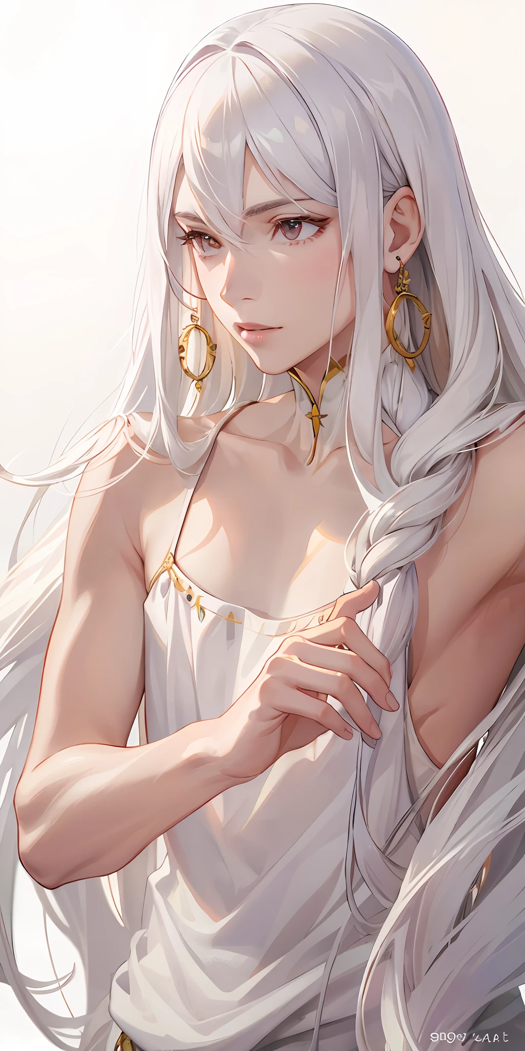 White clothes, white hair, women, upper body, white silk