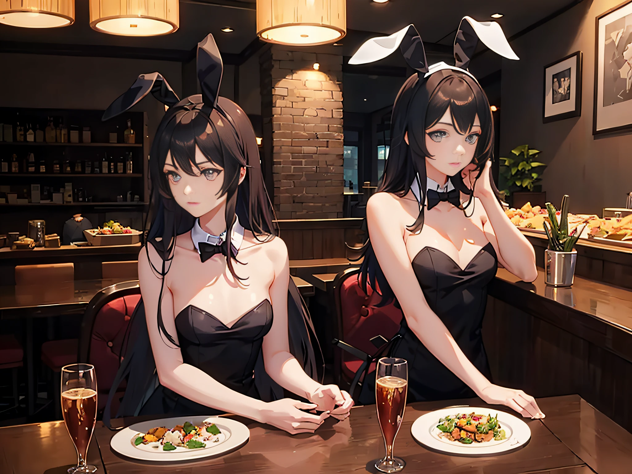Nice Nature \(umamusume\), (巨作)), ((Best quality)), (Ultra-detailed), illustration, beautiful art, Artistic, Realistic, 8K, the wallpaper, Beautiful, high resolution, well-composed, good art, scenery, Cinematic, Detailed skin, (Oily skin), Glossy glossy skin, Fine skin, (Beautiful hair), (Beautiful eyes), hand with five delicate fingers, (Perfect anatomy), (correct limb), (Realistic), A , (Small breasts), a playboy bunny, family restaurant, Waitress, A woman who is,Her job is to serve customers at the restaurant table。