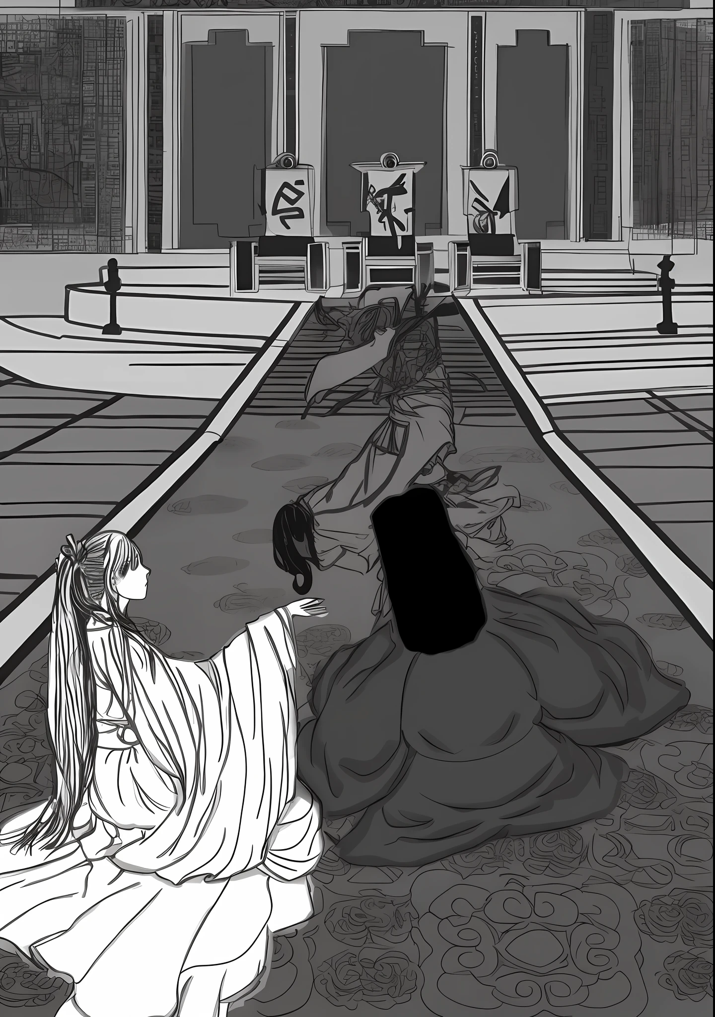 Three people,A person sits on the ground,A man kneels and begs for mercy,A person stands and attacks a kneeling person。