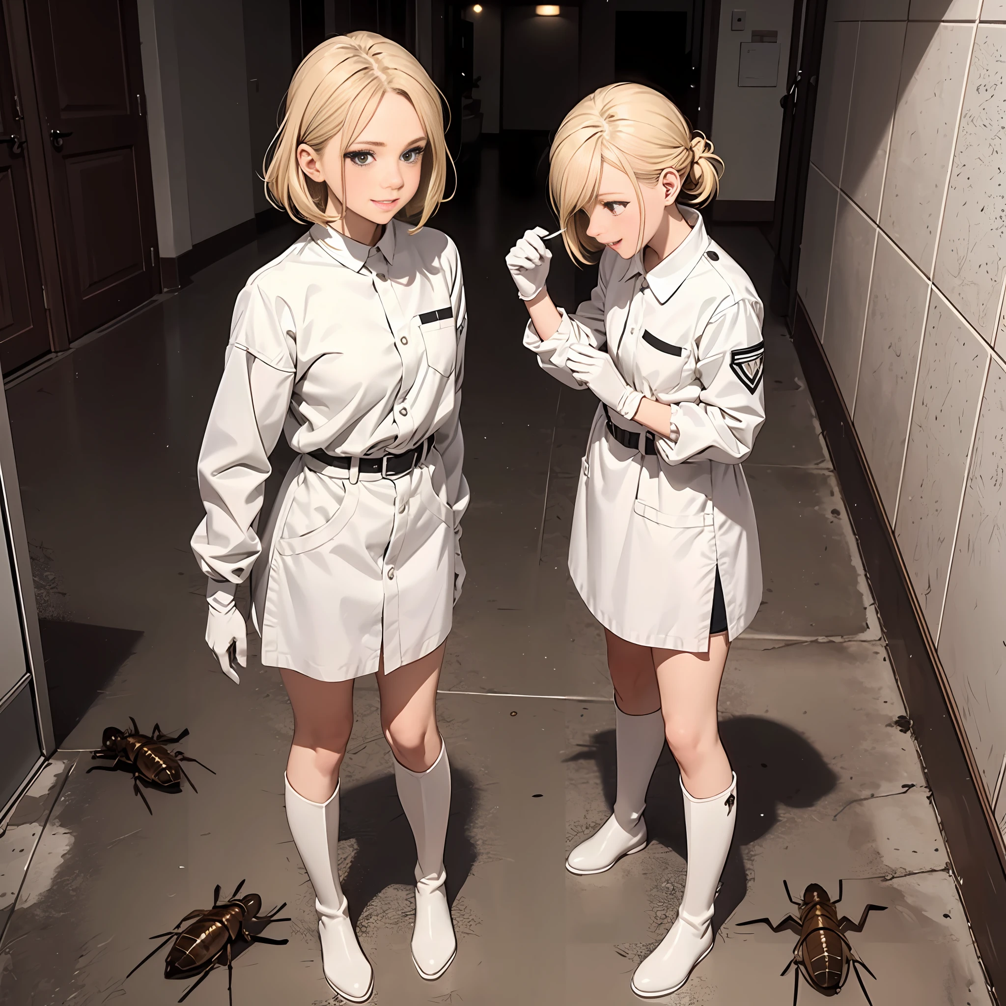 (masutepiece),Best Quality, Ultra-detailed,Beautiful blonde beautiful girl,White protective clothing、white rubber boots、White rubber gloves,A large amount of small cockroaches on the linoleum floor、 Small mass cockroaches filling the ground,Fighting cockroaches、Get rid of cockroaches、The internal organs of crushed cockroaches fly off、Standing and trampling、Joyful expression、look down the ground[ 🐛Trampling：1.2]:0.3.