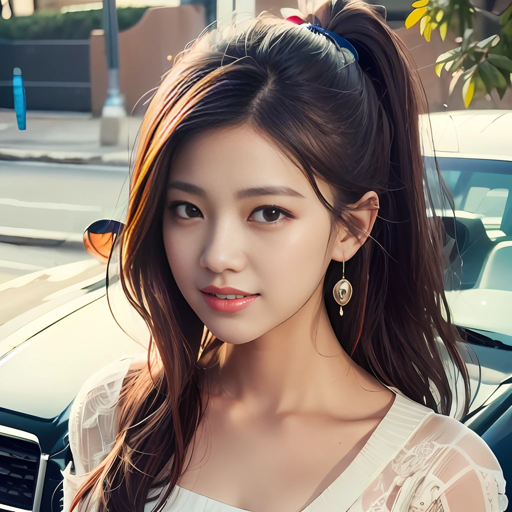 Close-up of a woman standing in front of a car, tzuyu from twice, Gorgeous young Korean woman, beautiful Korean women, Beautiful young Korean woman, Korean girl, Beautiful Asian girl, young cute wan asian face, young lovely Korean faces, Asian girl with long hair, popular korean makeup, Young Asian girl, asian features, A young Asian woman