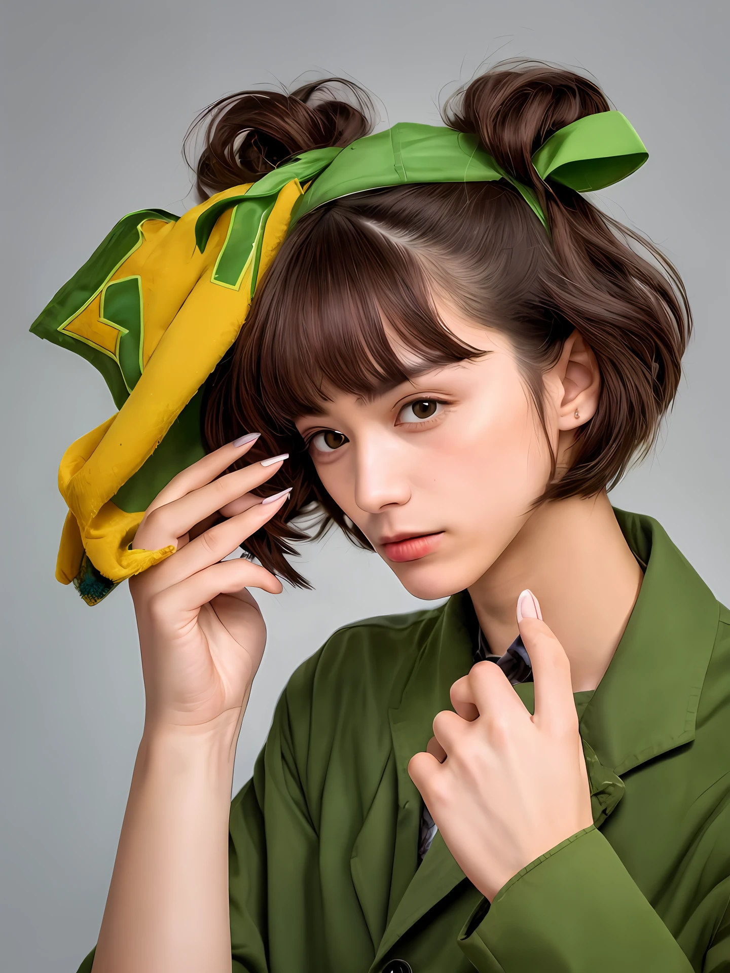 The hair is M-shaped,Clothes green,squinty eyes,Drag your chin with both hands,It's Jewish