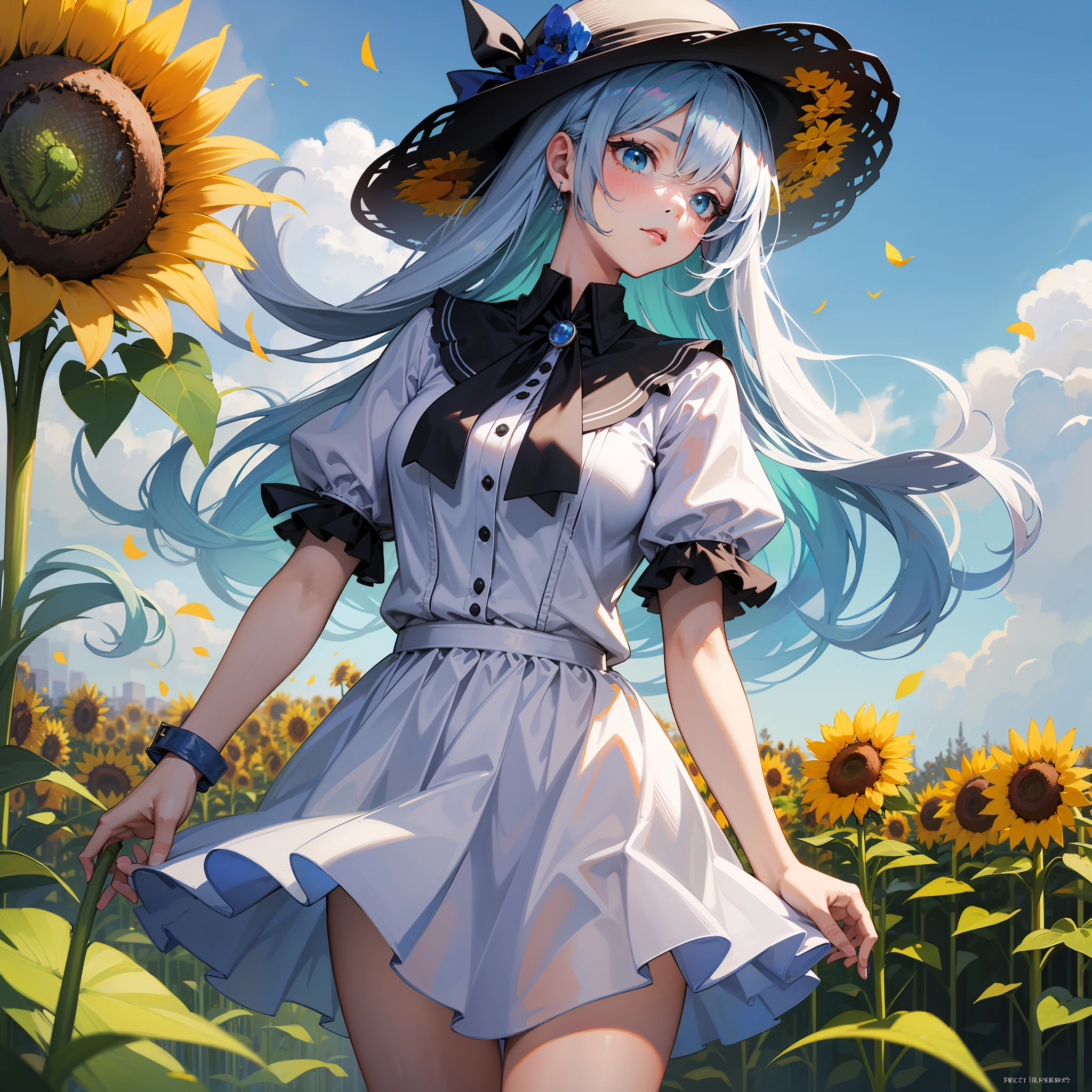 s girl Rabbit ears silber hair a straw fedora hat white clothes sunflowers fields blue-sky Running high-level image quality ren