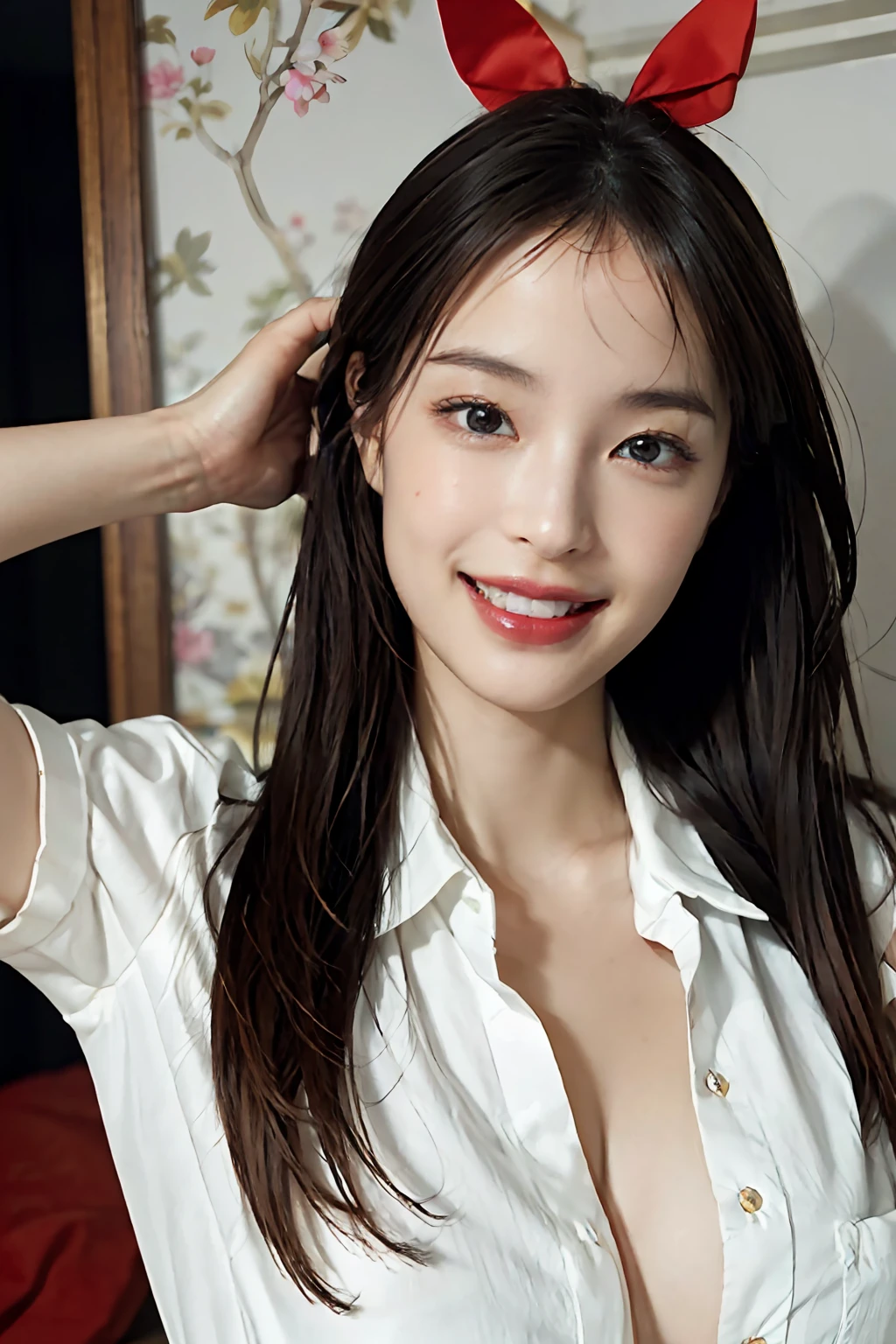 ​masterpiece、top-quality、realisitic、(A hyper-realistic), (illustratio), (hight resolution), (8K), (ighly detailed), (The best illustrations), (beatiful detailed eyes), (top-quality), (ultra-detailliert), (​masterpiece), (wall-paper), (详细的脸), a bed、Upper body close-up,Armpit, A smile,Plump,独奏,（Wearing a silk plunged open shirt:1.5）, full of sweat, japanes, large full breasts, (camel's toe)、huge-breasted、Luxury living room、Detailed white teeth、ultimate beauty girl、No bra、Wrap a red ribbon around your neck、perfect teeth、Perfect and beautiful female hands、Perfect tooth alignment、tre anatomically correct、