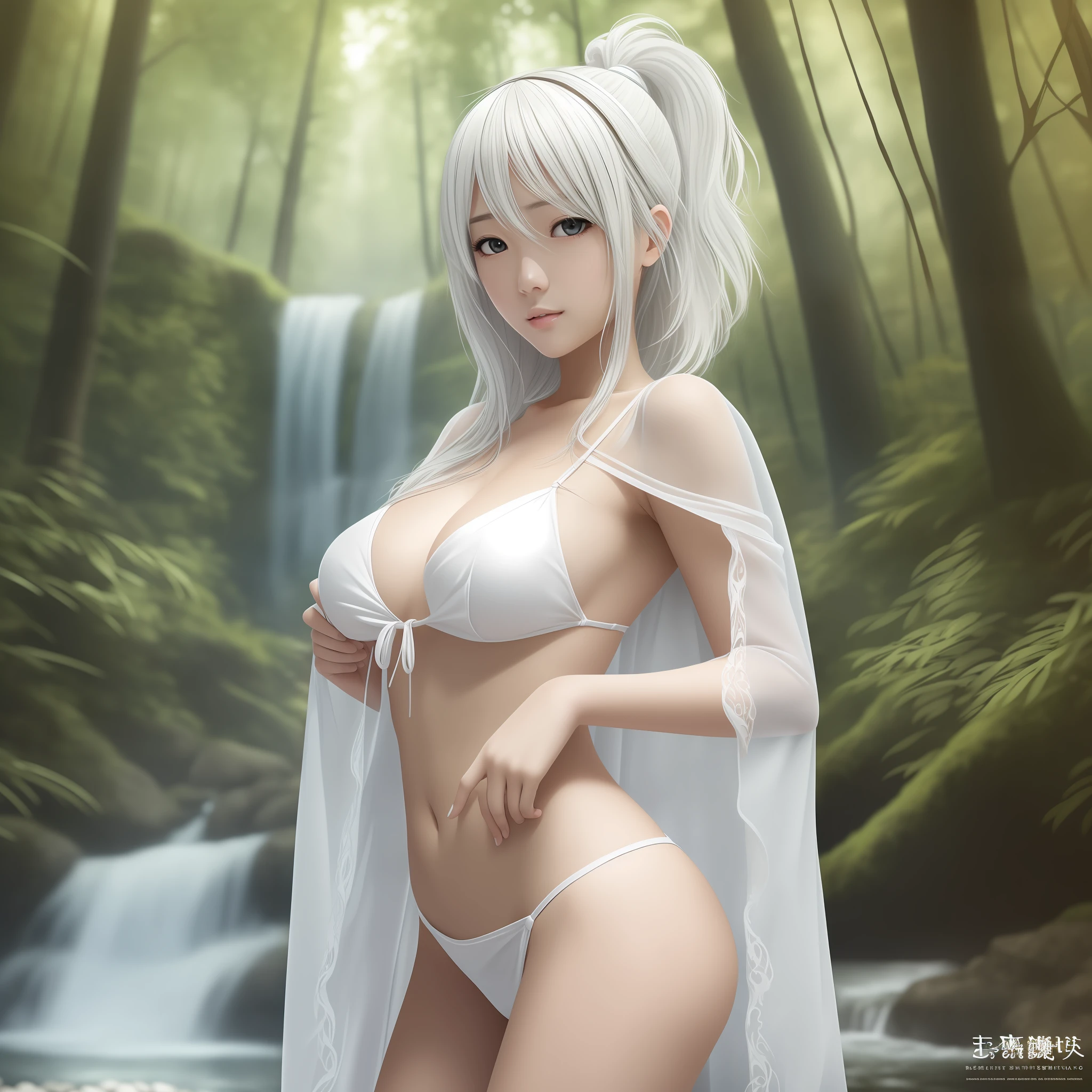 best quality, masterpiece, (realistic:1.2), 1 japanese girl, white hair, brown eyes,Front, detailed face, beautiful eyes, no bra,no panties. White transparent cloth, backgrounds waterfall and forest