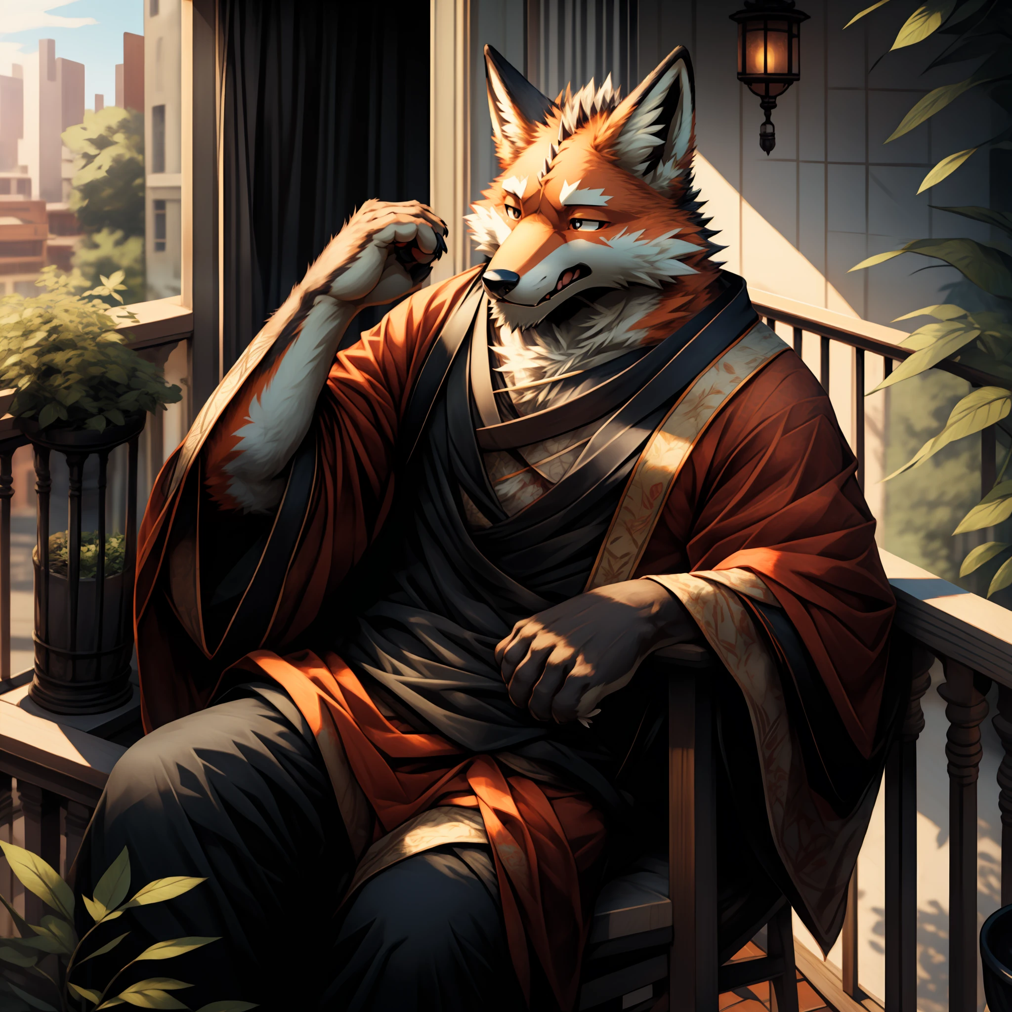 tmasterpiece,Raised y,The best quality,ultra - detailed,+hairy pubic,Anthropomorphic fox male,Fox in black,There are a little red details on the ears and paws,Scales and orange-white fur,Handsome,Panting,molasses,Tired,perspired,komono,Balcony setting。