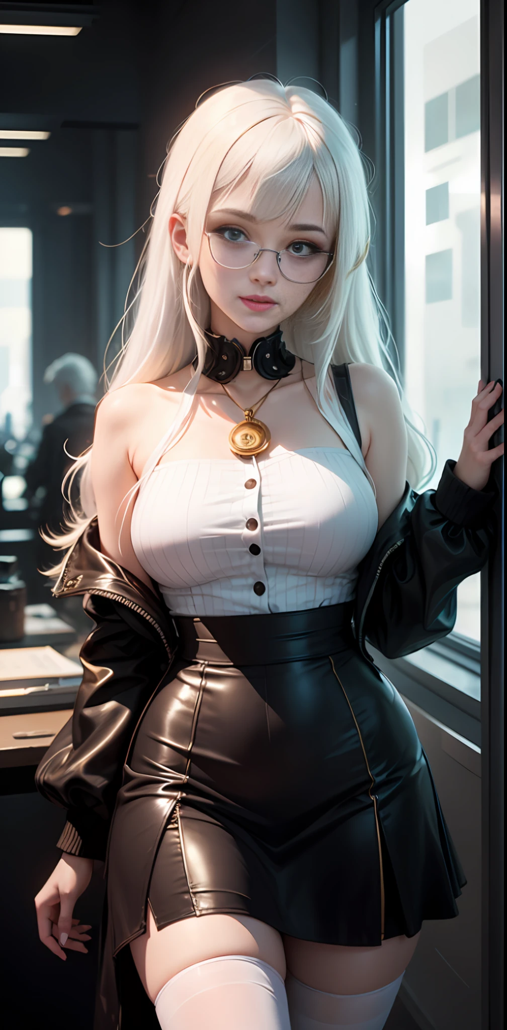 Cyberpunk Style, teens girl, 年轻, White hair, ssmile, long whitr hair，Gold-tone monocle，Beth，black long sleeves，Long skirt，full bodyesbian，white stockings