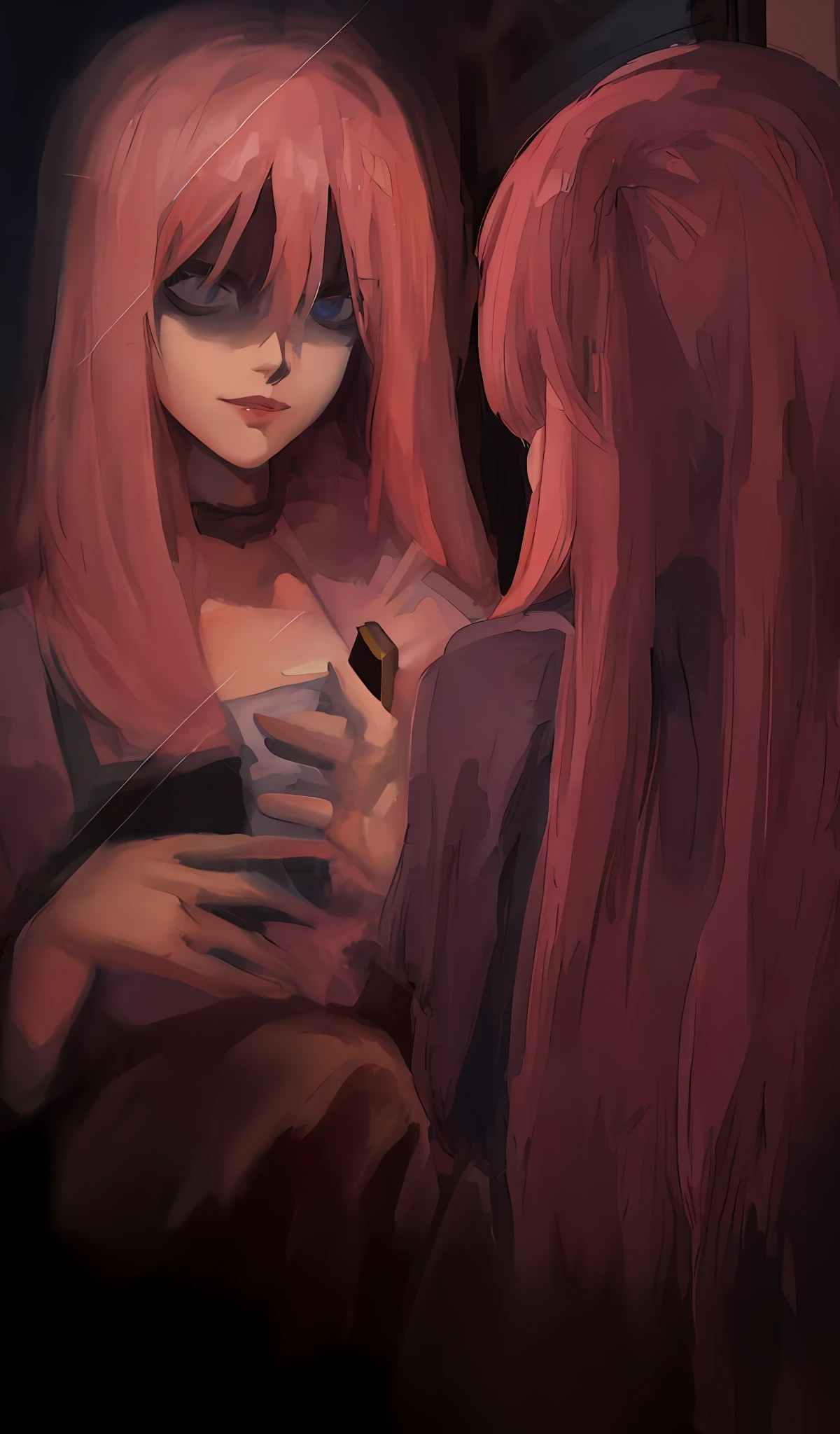 anime girl with pink hair and a red dress holding a knife, painted in anime painter studio, made with anime painter studio, soft digital painting, high detailed. digital painting, by Shingei, detailed digital painting, speedpaint, ultra detail. digital painting, digital art on pixiv, soft anime illustration, smooth. digital painting, [ conceptual art ]!!, realistic painting, semi-realism, night, low ligthing, shadow, blood, huge breast, style,artstyle, rabbit, lora, scary face, mirror, scary mirror, creepy smile
