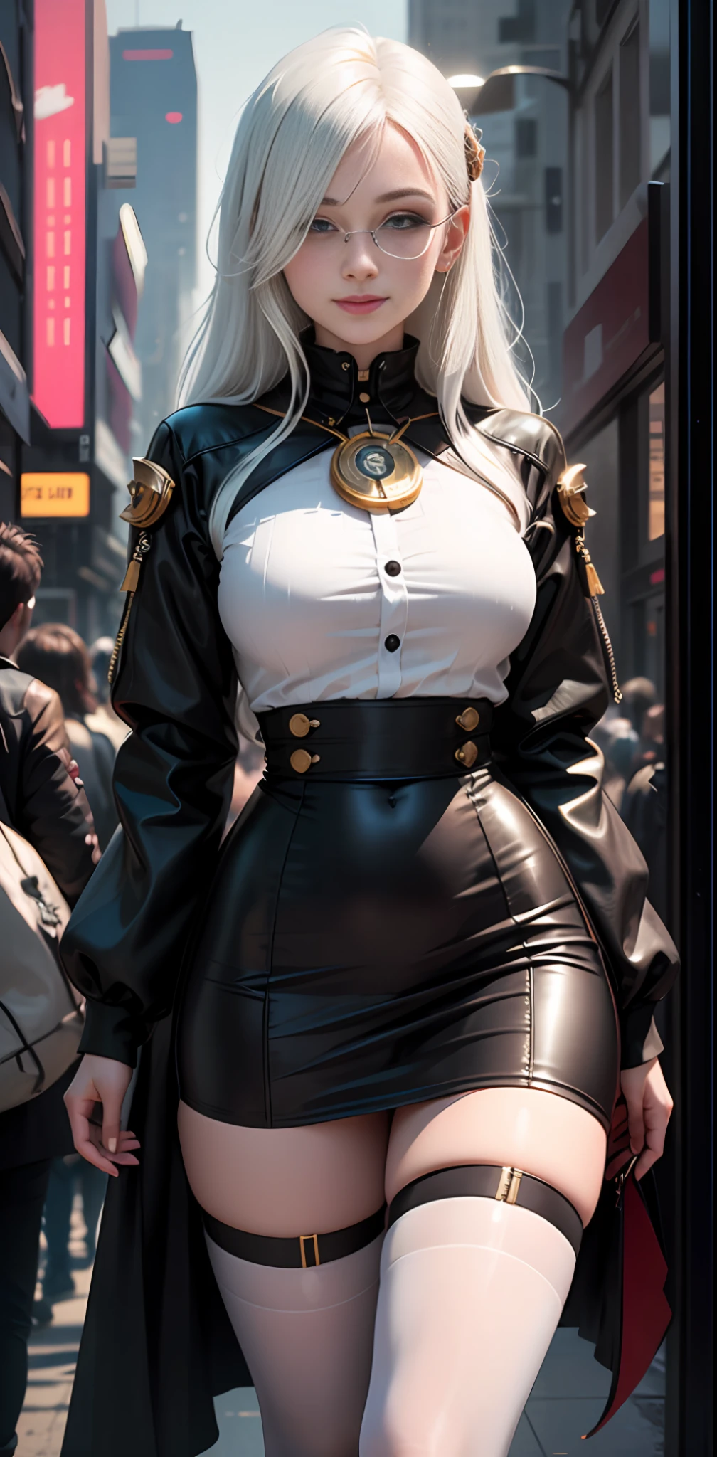 Cyberpunk Style, teens girl, 年轻, White hair, ssmile, long whitr hair，Gold-tone monocle，Beth，black long sleeves，Long skirt，full bodyesbian，white stockings