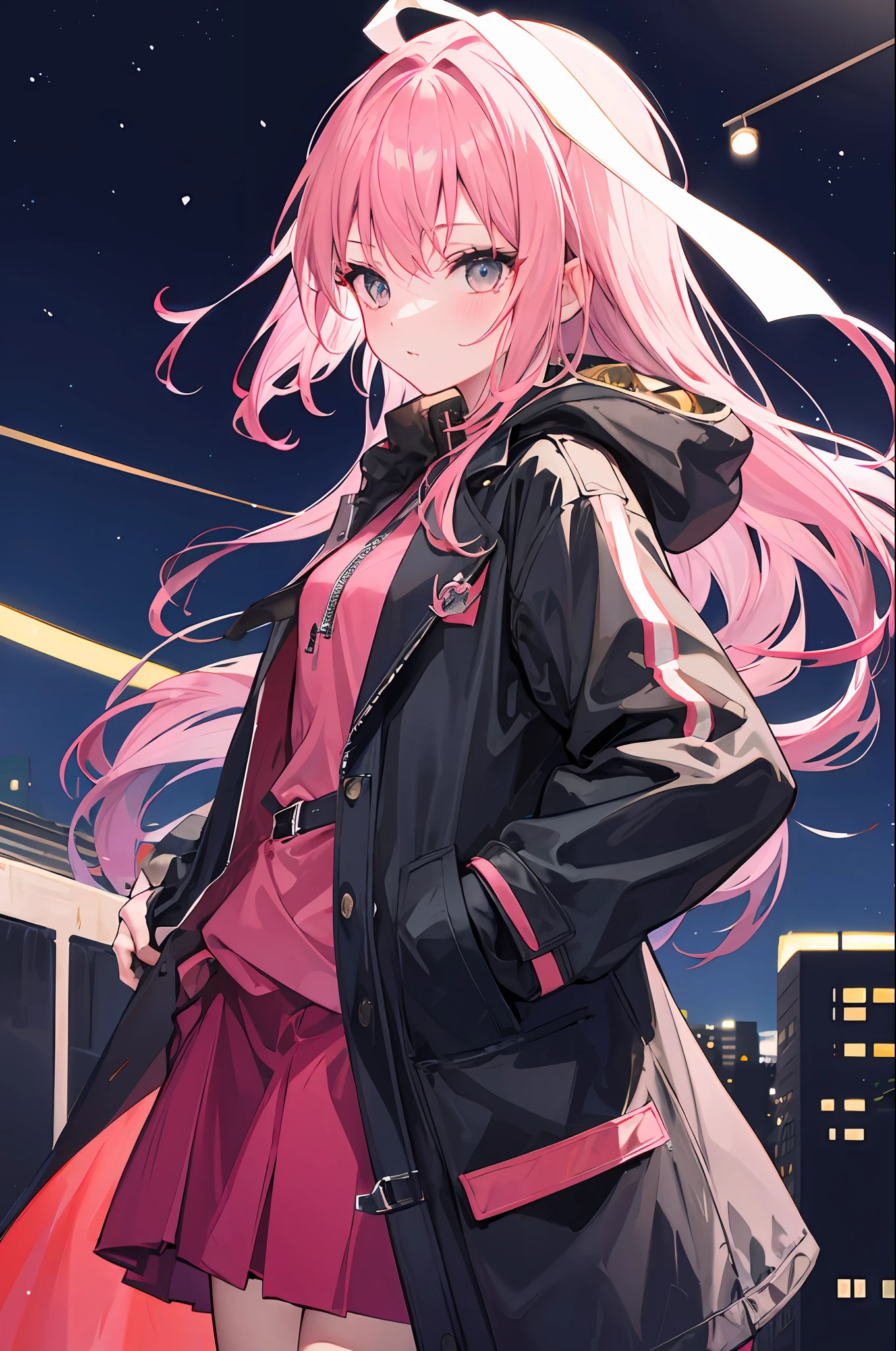 1girl,Pink hair,nightcity,Sateen,coat large,Put your hands in your pockets
