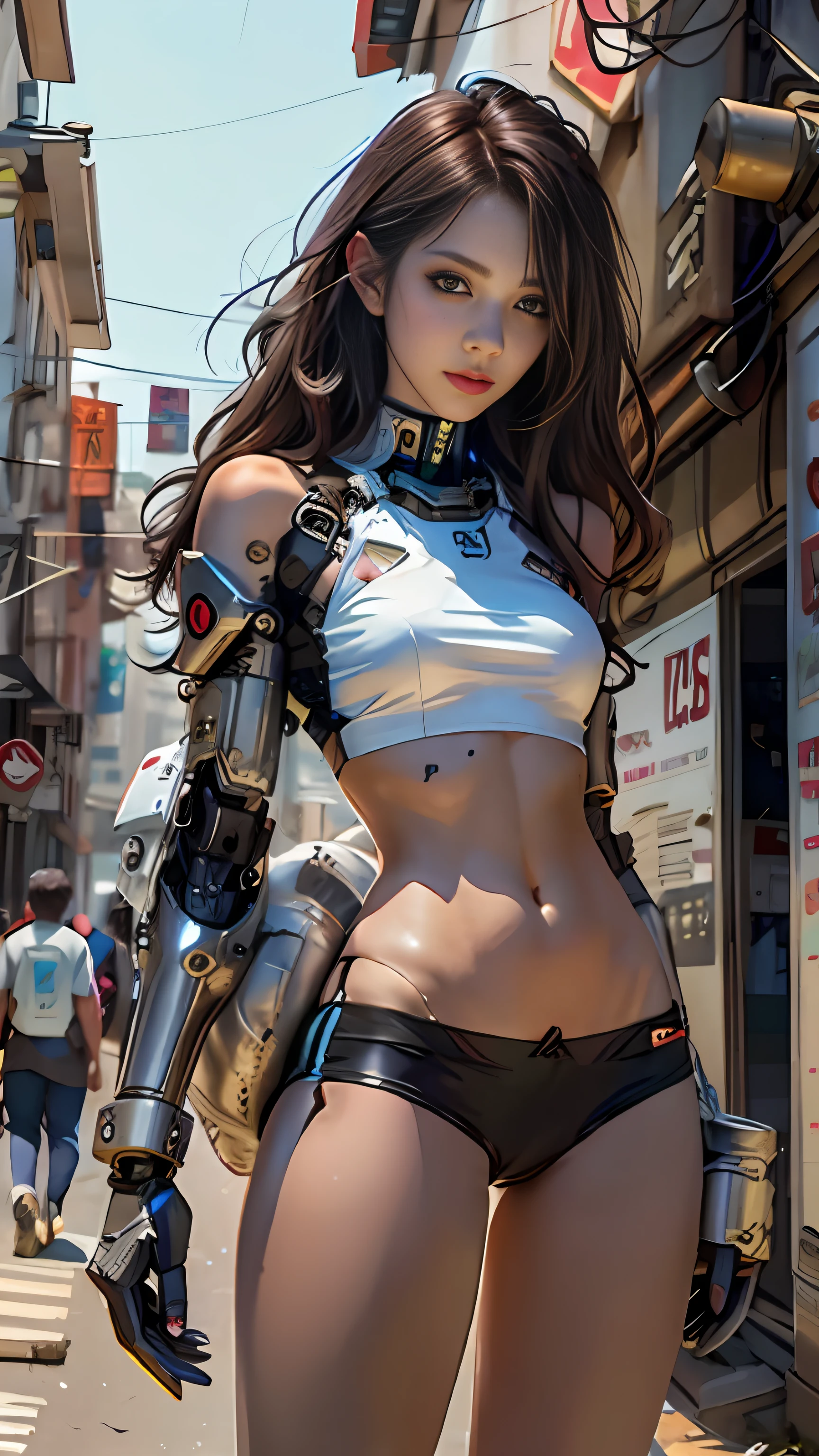 Alates posing on the street in a white top and black shorts, perfect android girl, cyborg - girl, Cyborg girl, Cute cyborg girl, girl in mecha cyber armor, wojtek fus, beautiful girl cyborg, cyberpunk anime girl mech, perfect anime cyborg woman, cyberpunk beautiful girl, female cyberpunk anime girl, Cyberpunk 2 0 y. o model girl