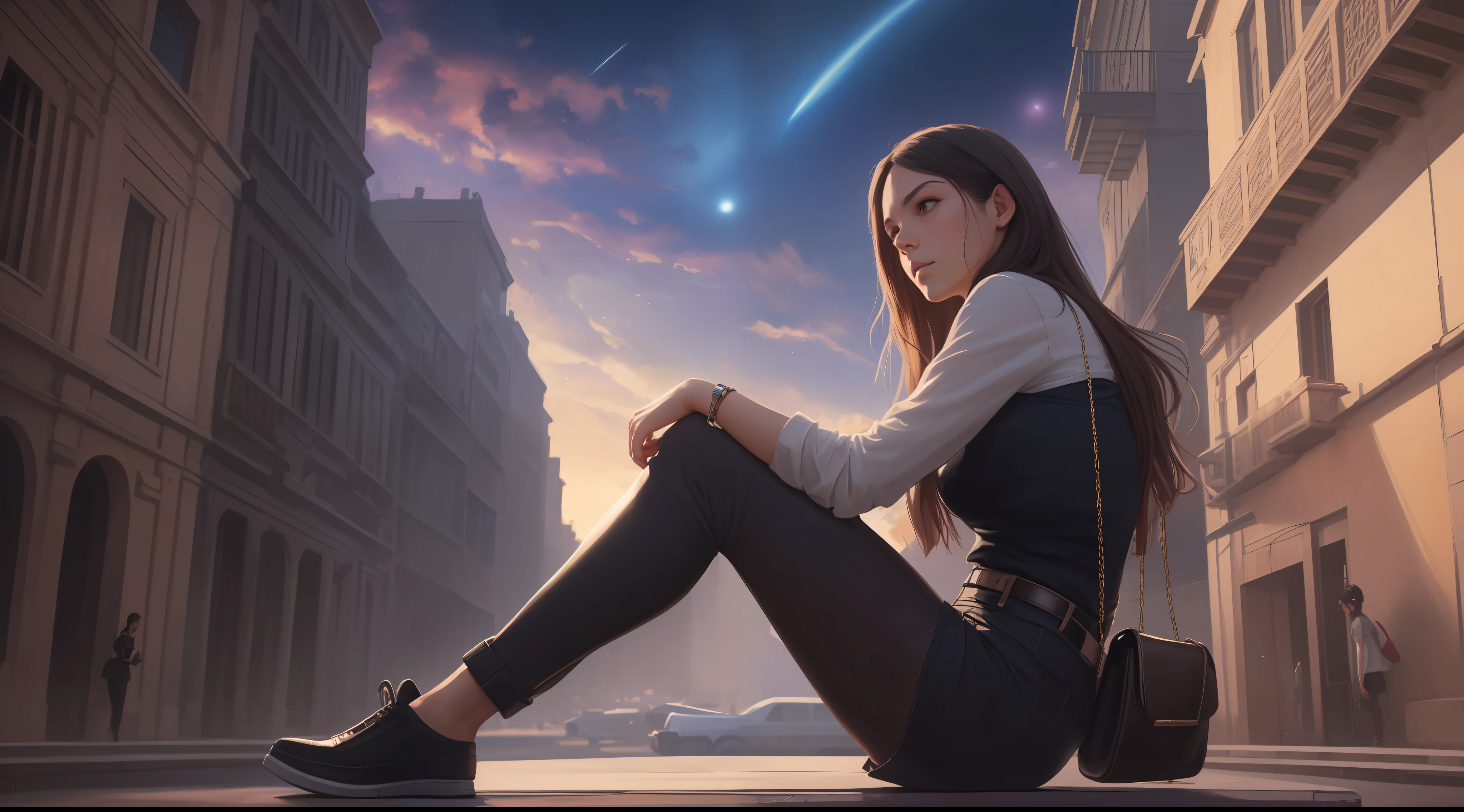 25-year-old woman sits at the top of the building in black suit, triste, Cabello negro ancho, ojos azules,((noche: 1.7)), (fondo de pantalla CG unidad 8k extremadamente detallado), full shot body photo of the most beautiful artwork in the world, Incredibly beautiful photo realistic cute young woman in the most urban outfit, pecho grande, majestic professional oil painting by Ed Blinkey, Atey Ghailan, Estudio Ghibli, por Jeremy Mann, Greg Manchess, Antonio Moro, tendencia en ArtStation, tendencia en CGSociety, intrincado, Alto detalle, foco nítido, dramatic and photorealistic art by Midjourney and Greg Rutkowski,(8k, La mejor calidad, obra maestra:1.4), (Stunningly Detailed), (alta nitidez), ((Detailed facial features)), (piel finamente detallada), (((viendo el cielo estrellado))), Perfect Anatomia