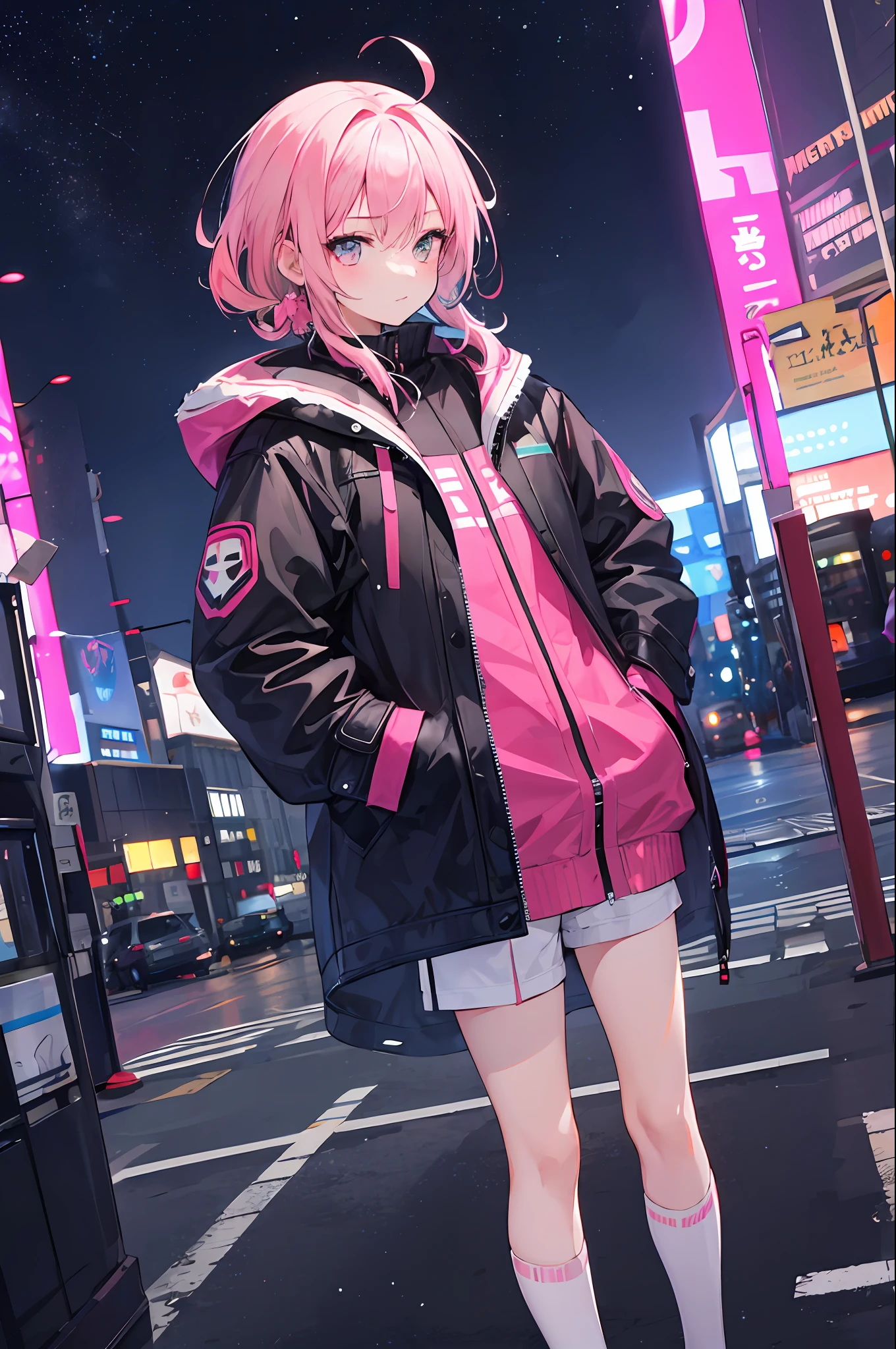 1girl，Pink hair，nightcity，Sateen，coat large，Put your hands in your pockets