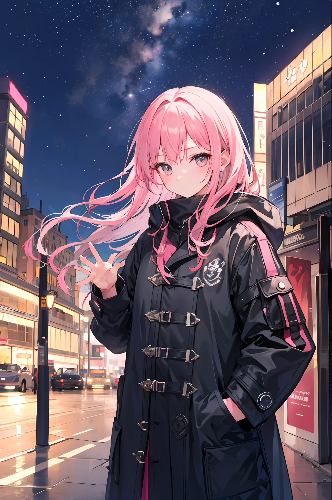 1girl,Pink hair,nightcity,Sateen,coat large,Put your hands in your pockets