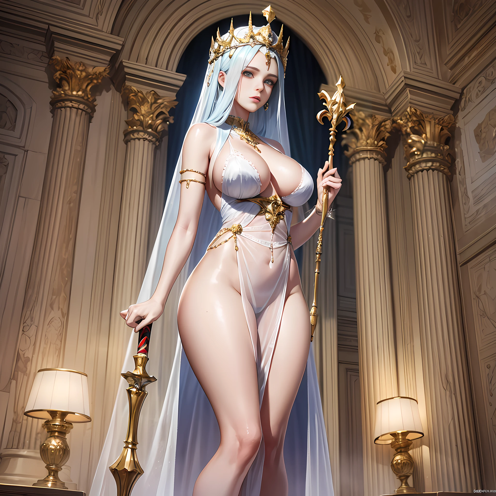 Full body depiction, sexy plump European priestess, (fat body), ((long legs)), staggered legs, golden Roman extra-long strappy high-heeled sandals, Roman stone pillars, scepter, (no panties), white suspender one-piece long see-through fig curtain, sheer texture, extra-high side slit of clothes, cleavage cutout, sleeveless, puffy breasts, European classical, religious symbols, white theme, sunlight, real texture, cinematic lighting realism, perfect work, 8K, HD, highest quality, masterpiece, Wonderful masterpiece, extreme details, exquisite facial features, delicate hair portrayal, delicate eye portrayal, characters occupy the picture