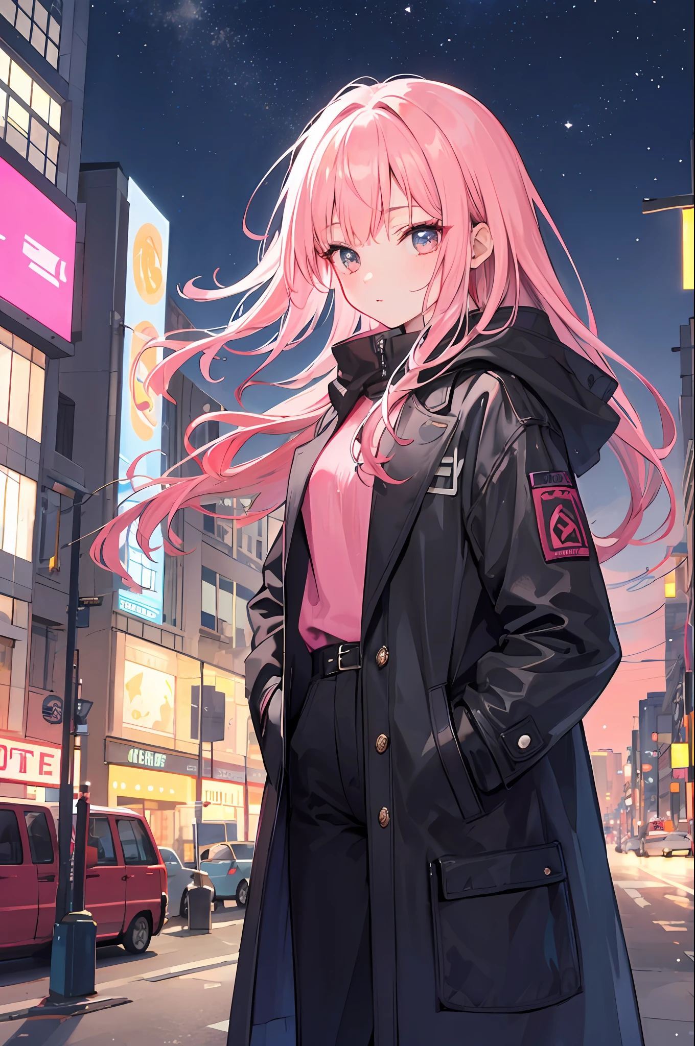 1girl，Pink hair，nightcity，Sateen，coat large，Put your hands in your pockets