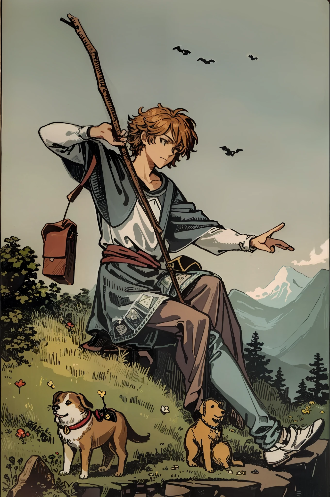 tarot card, the fool, man, bindle, stick and bag, cliff, dog