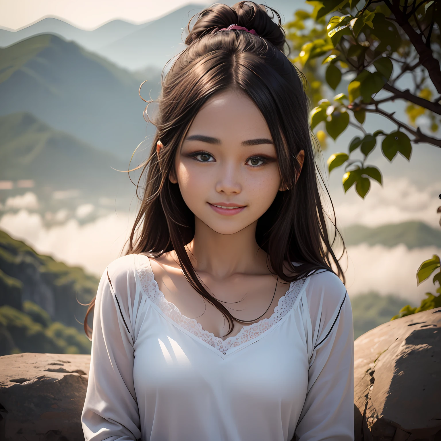 20-year-old goddess There is only one person in the picture,In the middle fifth of the picture,The camera is focused on the upper body,with a soft and sweet expression, grin,happy appearance , Simple clothes: Korean style girls, , Long face, Long sleeves, Stand on the top of the mountain, The entire body of the machine, Naturally, Spectacular background with beautiful eyes and a smile on the face,Naturally clean face and delicate eyes