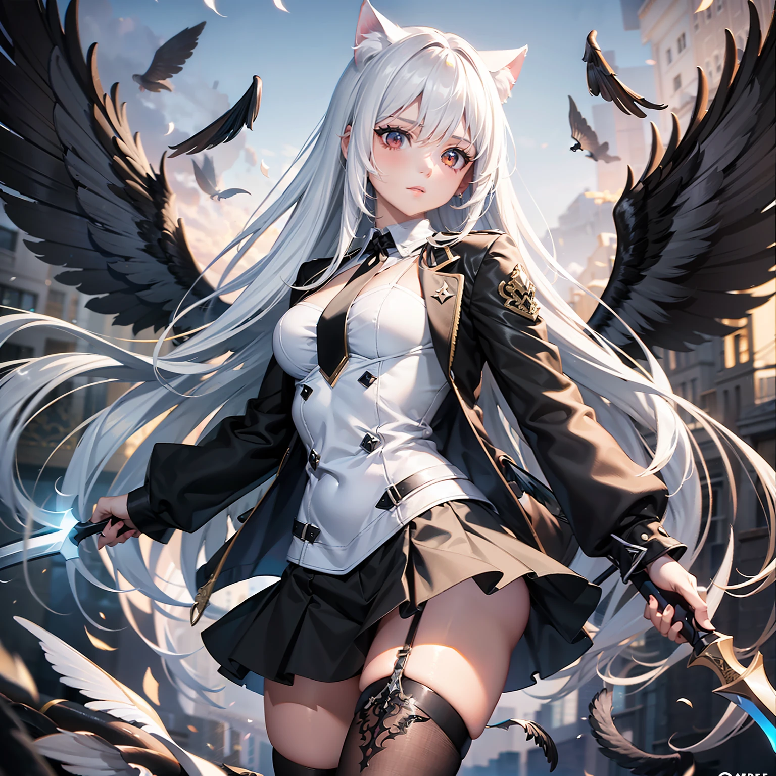 whaite hair, long whitr hair, Red eyes, angelicales, teens girl, cat ear, (Long-handled weapon:1.5), Black jacket with blue shirt, short skirt, White sneakers, white short socks,( Black wings:1.8), crosses, Compassionate people Ultra HD, retinas, Masterpiece, ccurate, Textured skin, Anatomically correct, Super detail, Award-Awarded, Best quality, High details, High quality, A high resolution, 8K,Masterpiece,Best quality,illustration,Extremely detailed CG unifies 8K, 8K, Diamond, and wallpaper,created by famous artists,large-scale masterpiece Digital art,Detailed manga illustrations,Ultra-detailed,finely detailed,A high resolution,stunning art,intricately details,Beautifully painted,1girll,Solo,Full body like,standing on your feet
