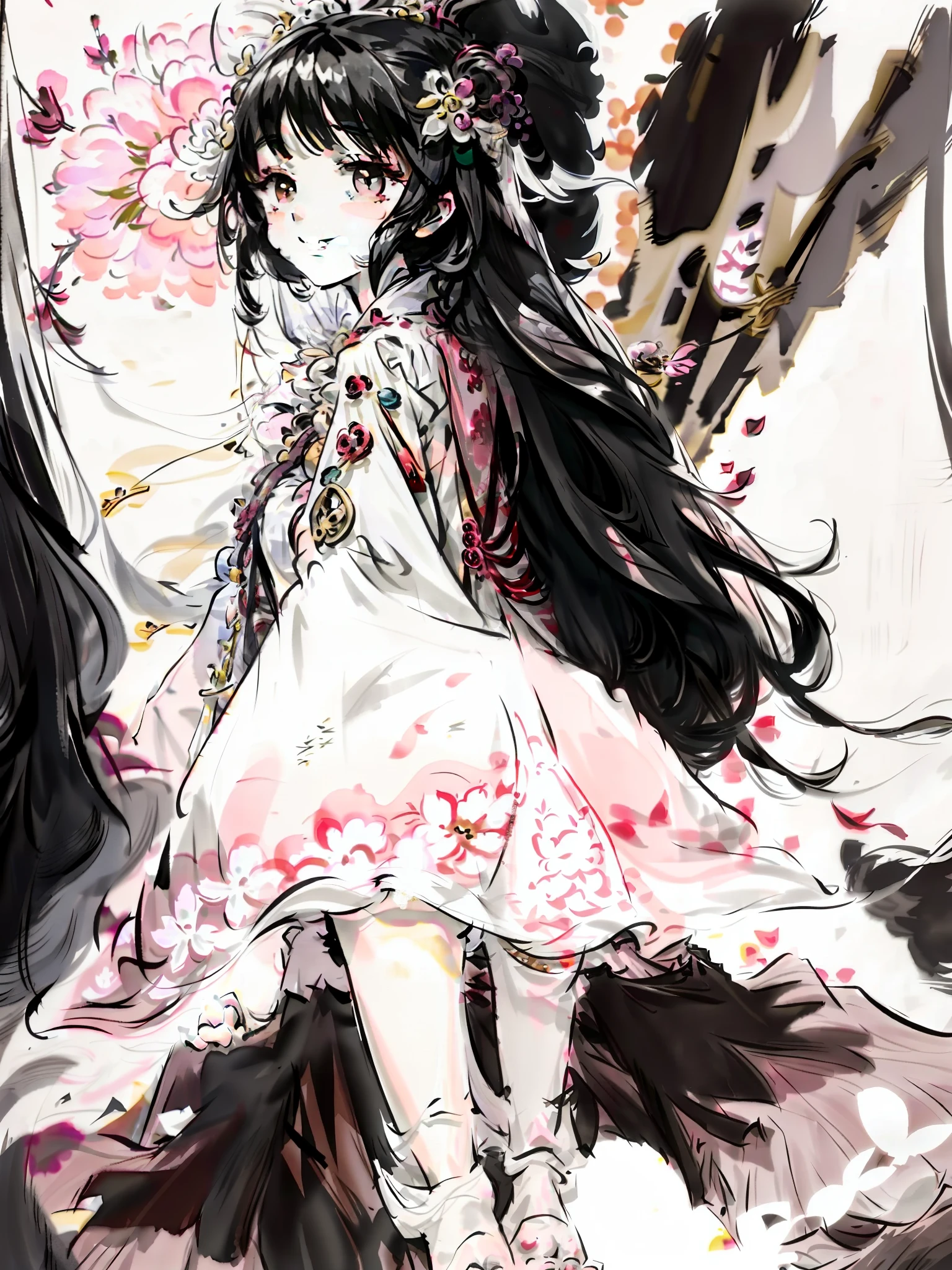 Live-action style,black hair,White,Blowing in the breeze,Pale pink dress with floral embellishments,Foot bells,Smile back,tmasterpiece,ellegance