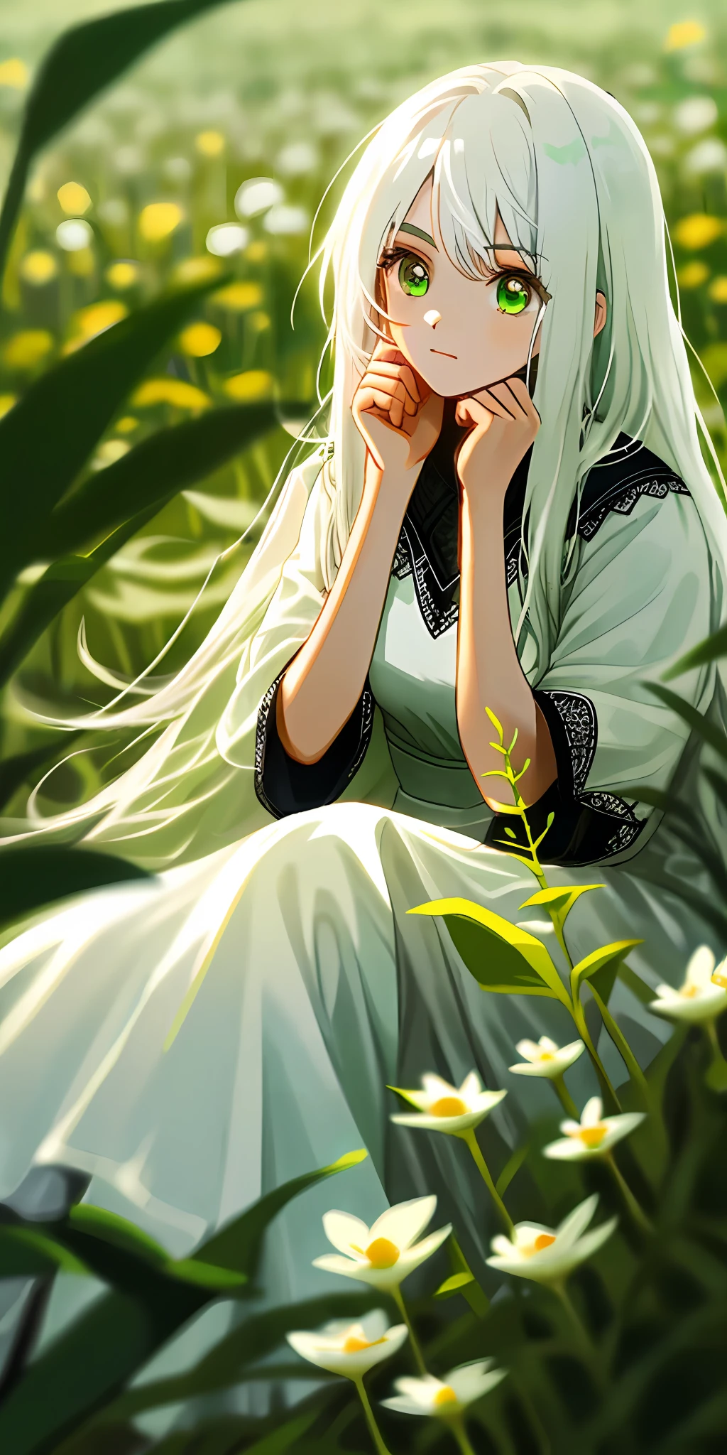 (masterpiece, best quality),1girl with long white hair sitting in a field of green plants and flowers, her hand under her chin, warm lighting, white dress, blurry foreground