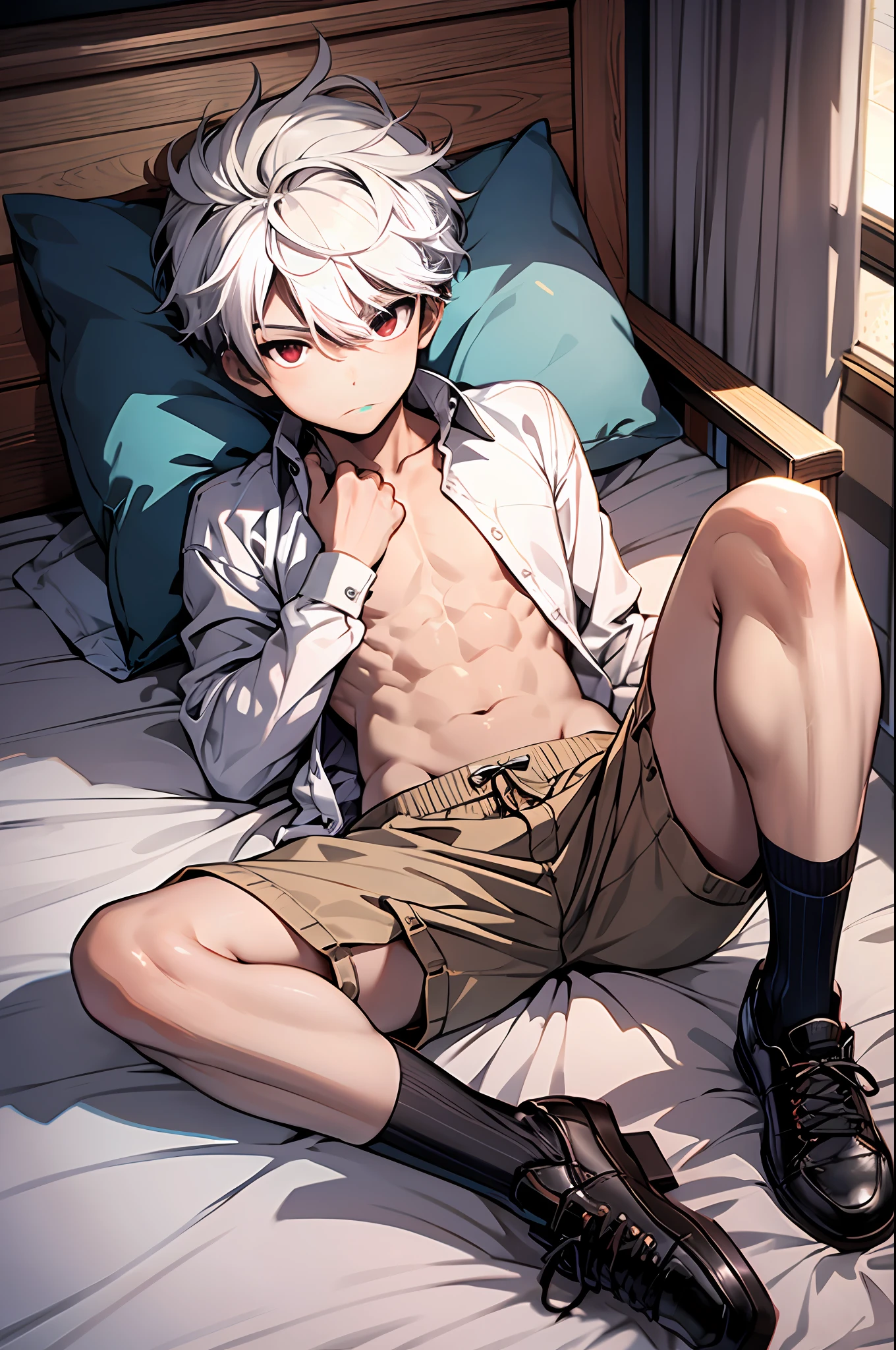 1boy,White hair,Red eyes,Shota,15year old,Student,White socks,perspire,no shirt,1080p,Detailed eyes,on top of the bed