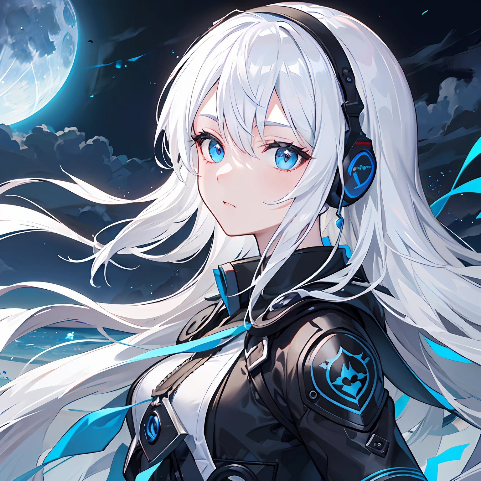 White hair, Sparkle, Masterpiece, Anatomically correct, High quality, Best quality, Highly detailed facial detail，（From the side Side，medium to long shot），Kizi，the lora，Earphone，（（（​​clouds：0.3），multiple_Luna，（Floating_Fortress Technical Machinery），night sky background）），（Cyberpunk）