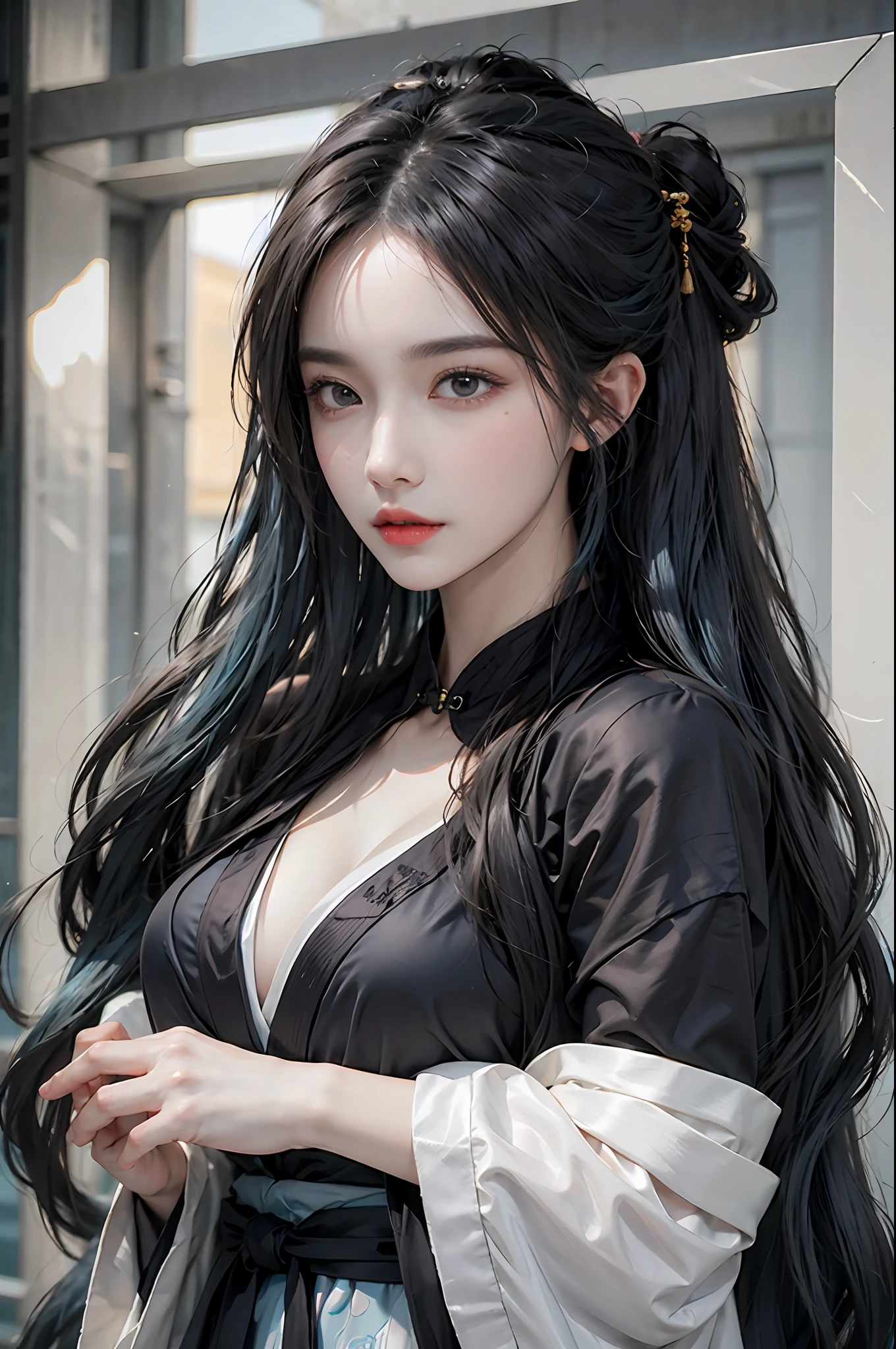 photorealistic, high resolution, 1 girl, waist up, blue hair, long wavy hair, black eyes, chinese style, hanfu, closed clothes, normal breast