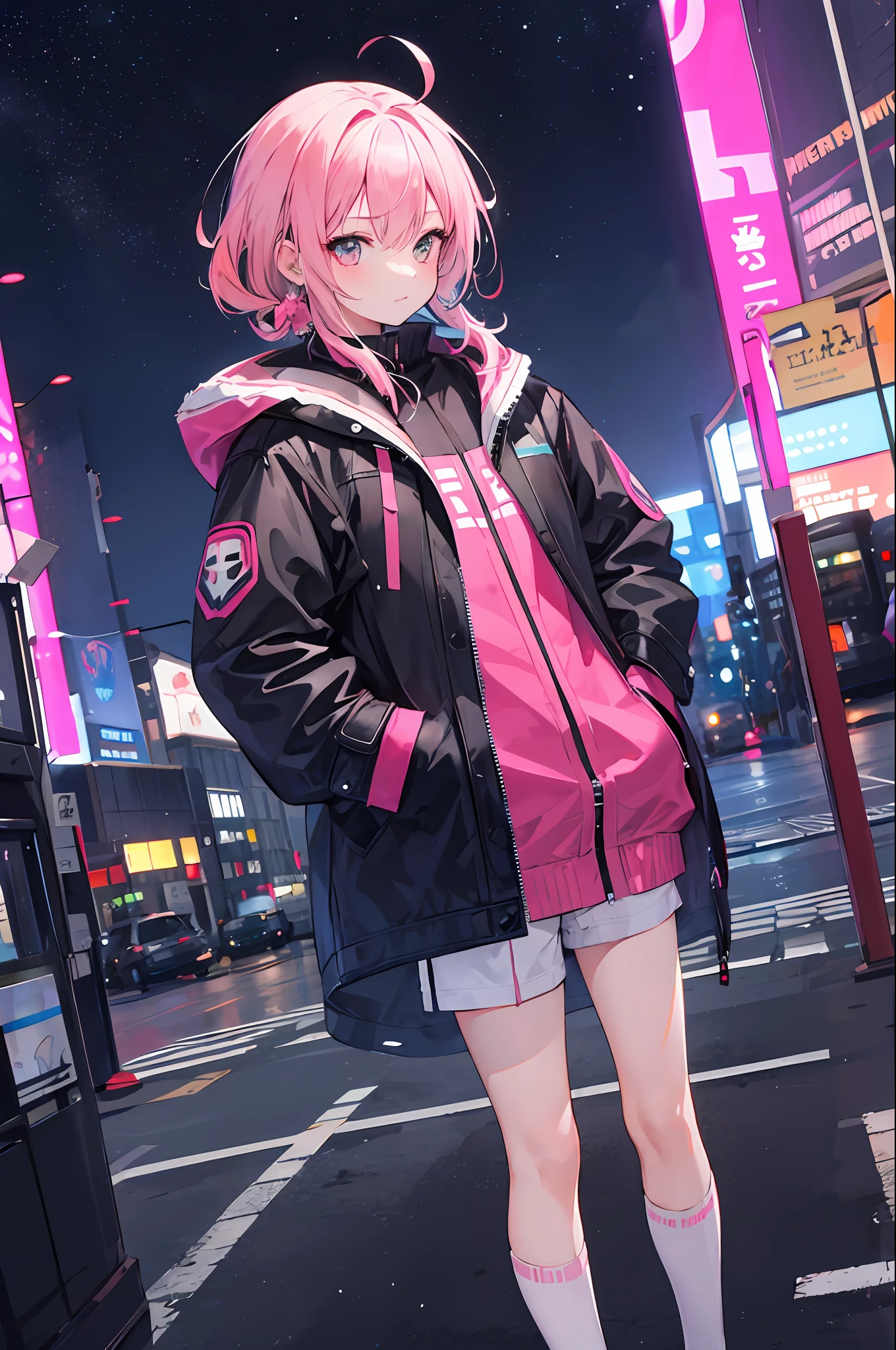 1girl，Pink hair，nightcity，Sateen，coat large，Put your hands in your pockets