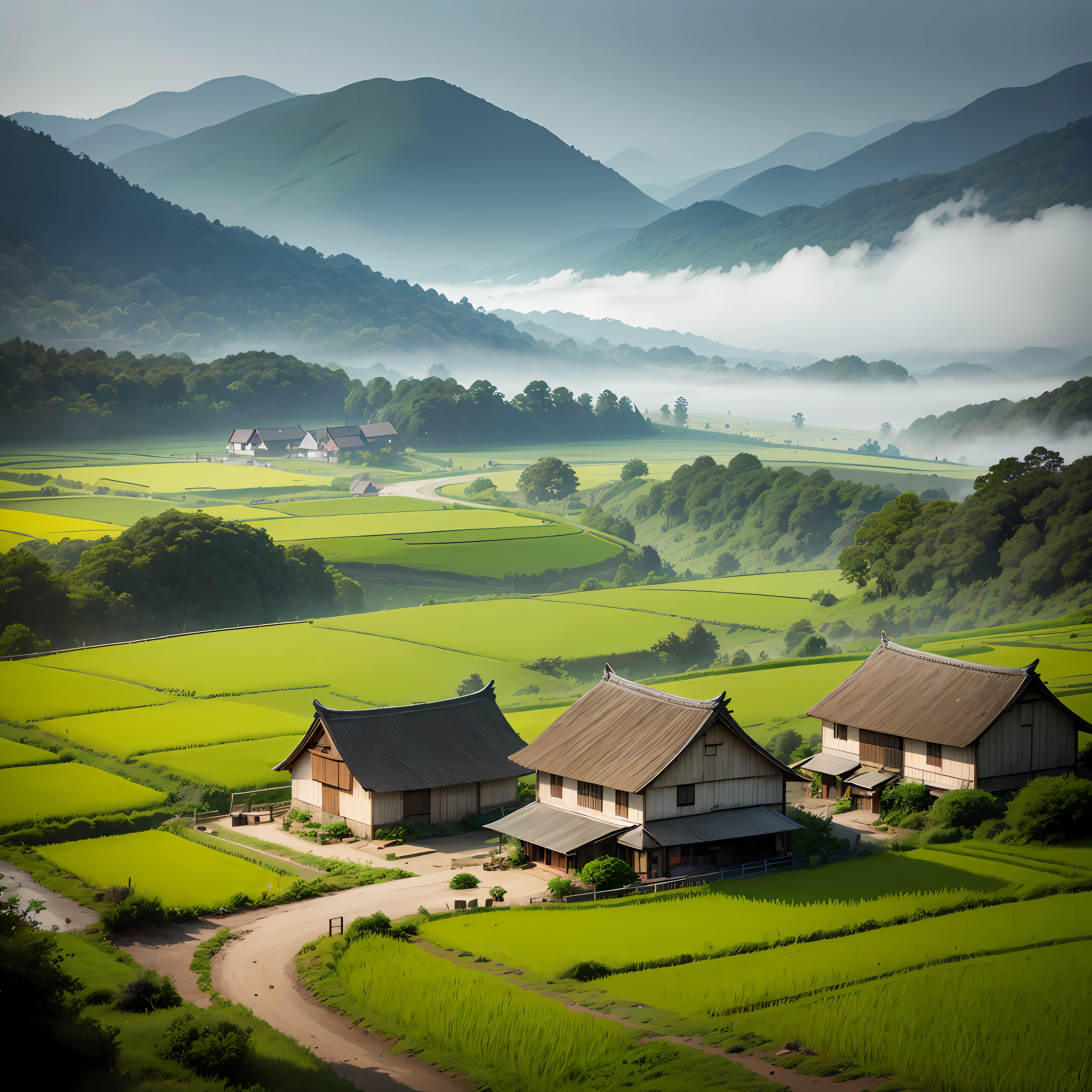 Large expanses of terraced fields, mountains, huts, with rice fields, rice fields, neat rice seedlings in the fields, misty rain, villages, agriculture, in the tranquil landscape, misty weather, in the vast tranquil landscape, in the early morning, in the morning mist, behind a small village, mist, Japanese countryside, thatched roofs --auto --v 6