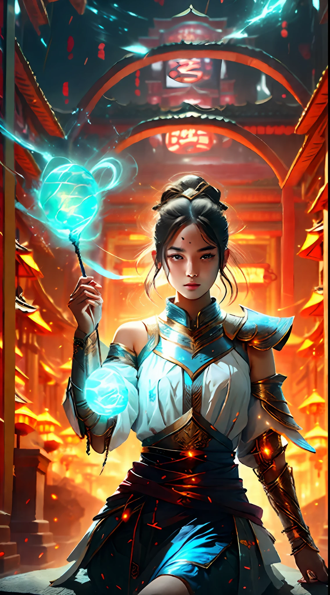 8k, complex, elegant, highly detailed, majestic, digital photography, denim lens, surrealist painting, broken glass, beating magic, winding lightning magic, (masterpiece, side light, fine beautiful eyes: 1.2), HDR, Void 5 energy lightning storm, (Chinese girl, black eyes: 1.5), pale skin, glowing skin, ( Sitting on a stone: 1.5), delicate face, black hair, wearing palatial blue armor, bare shoulders, navel, short skirt, fine blue armor, raining, beautiful, looking at the audience, facing the camera, masterpiece, upper body,