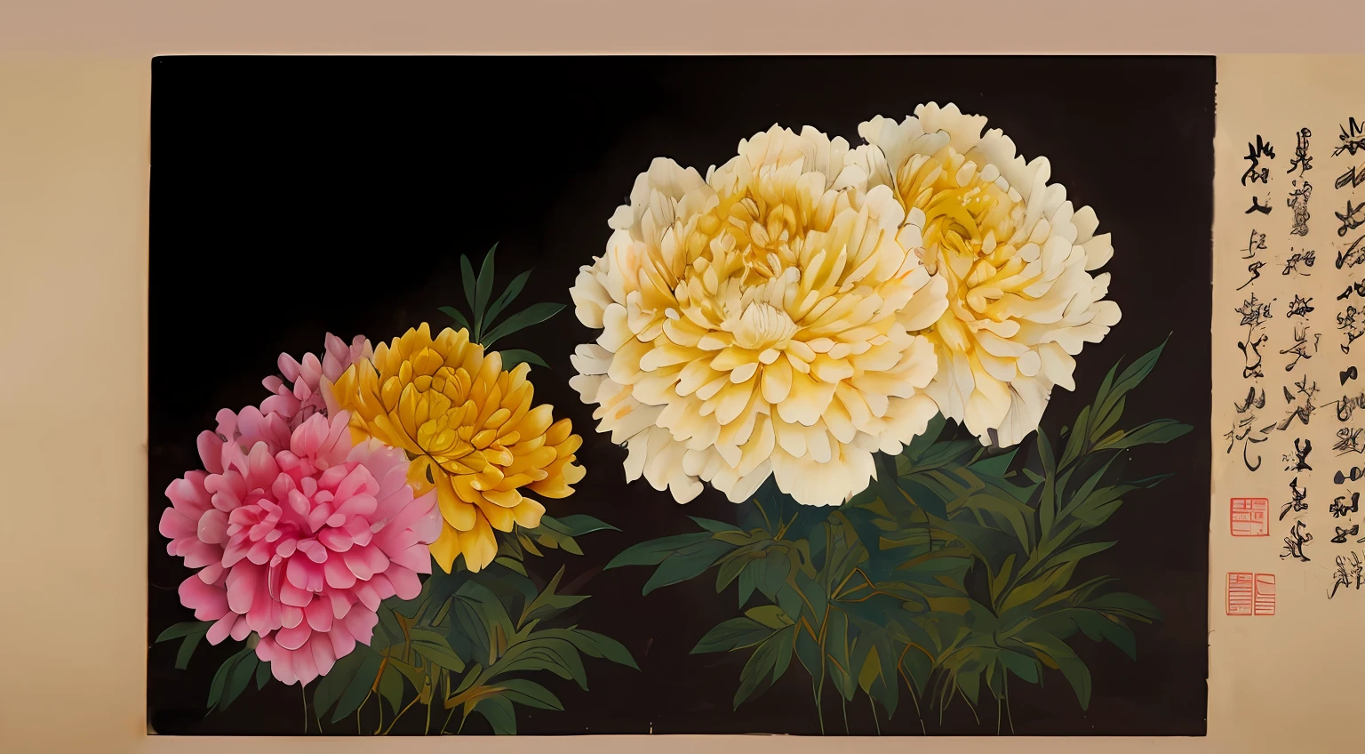 Pink and yellow peony flowers and birds drawn on paper,
Traditional craft style, Tonalist painting dark beige and white,no shadow,There is no black,The context is consistent --auto