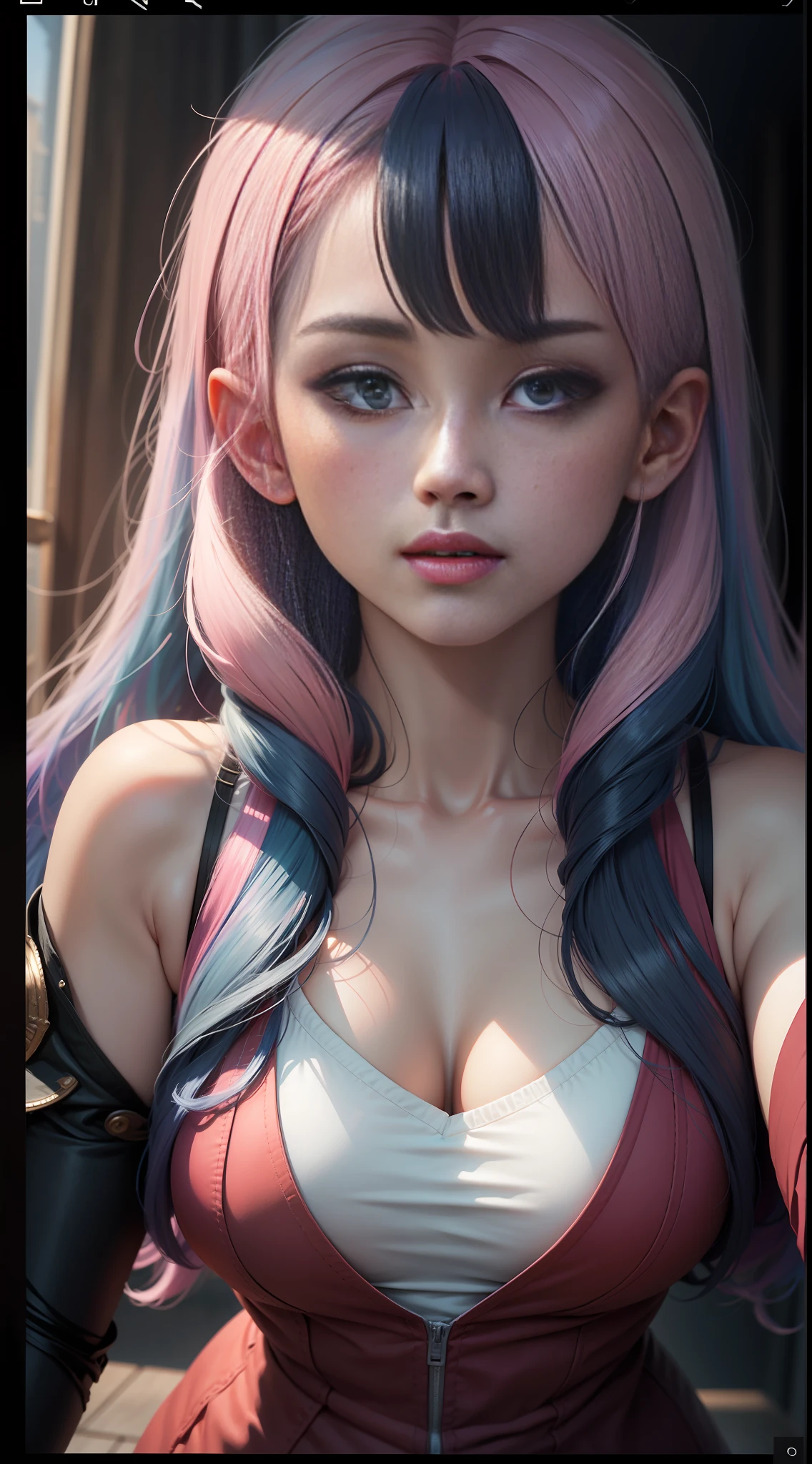 Pink hair, clench one's teeth, Blush, Rolling eyes, Dark blue hair, curtained hair, Cinematic lighting, 360 view, in a panoramic view, bust chart, 比基尼，first person perspective, hyper HD, Masterpiece, High details, High quality, A high resolution, Best quality