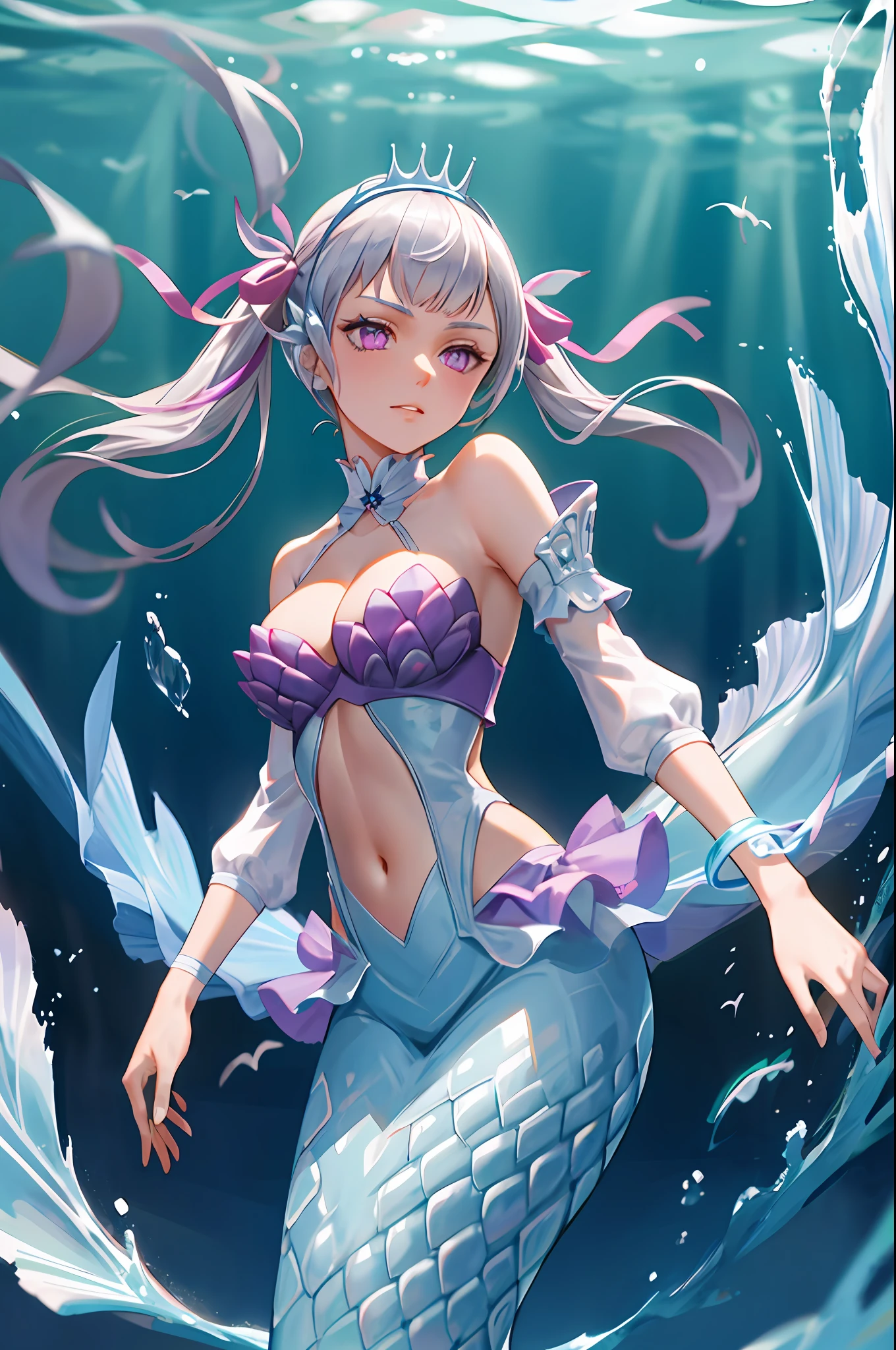 1girl,cowboy shot,beautiful noelle_silva,long hair ,twintails, bangs,silver hair,purple eyes, cleavage, tiara, monster girl,  (mermaid:1.1), water, navel, bare shoulders, hair ribbon,underwater, shell, scales,(volumetric lighting), best quality, masterpiece, intricate details, tonemapping, sharp focus, hyper detailed, trending on Artstation,